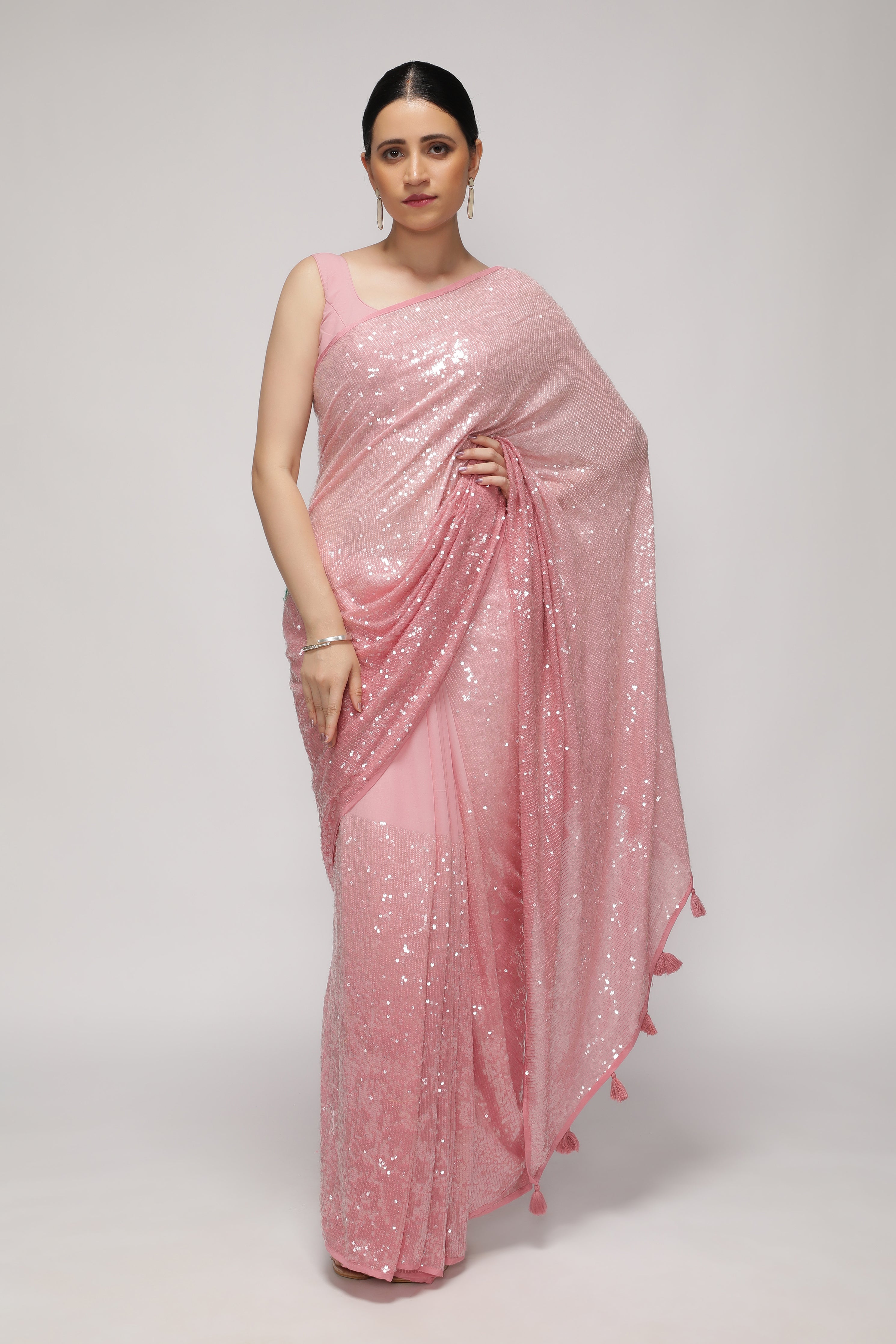 Peach Georgette Saree with Self Sequins & Thread Work