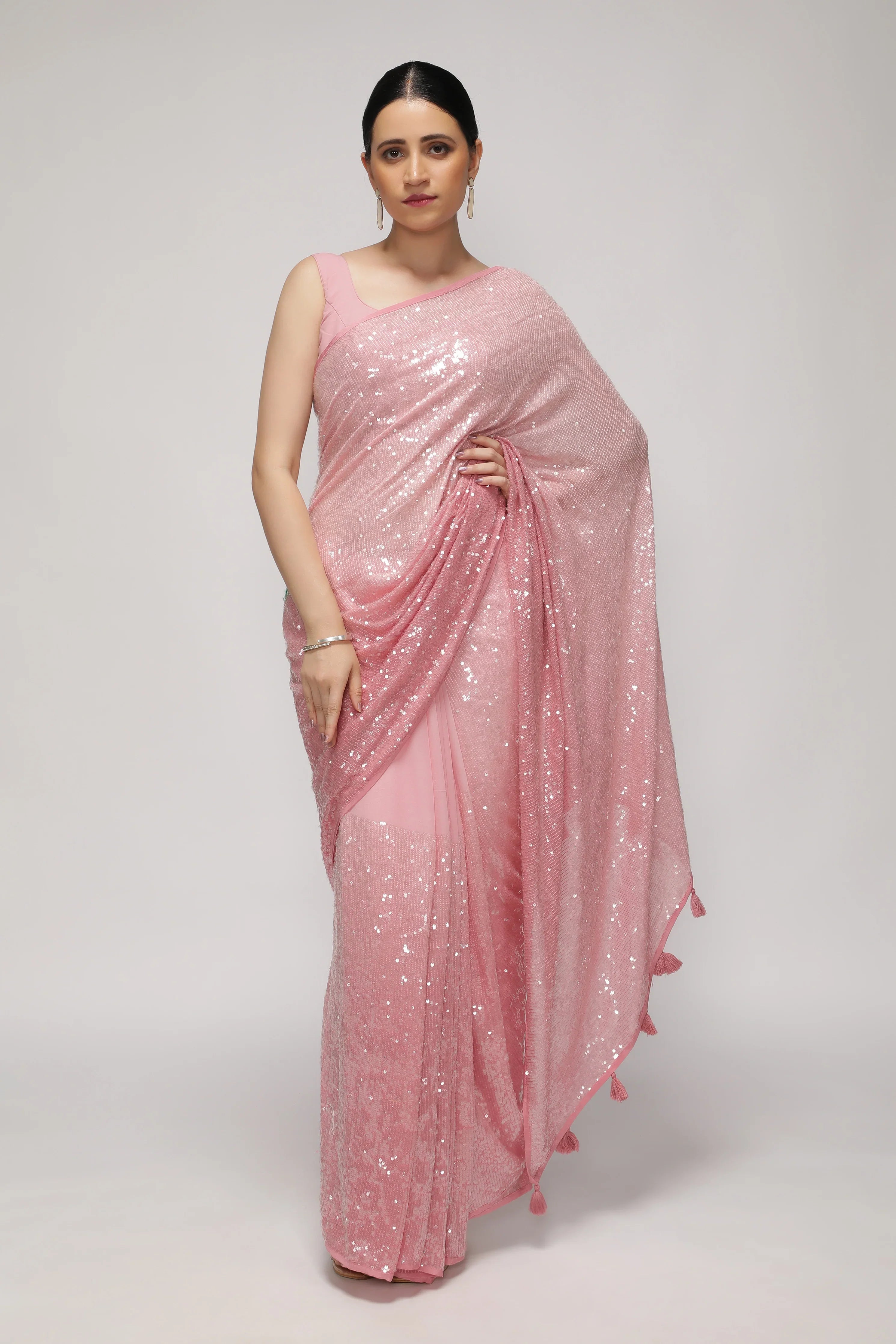 Peach Georgette Saree with Self Sequins & Thread Work | Mokshaa