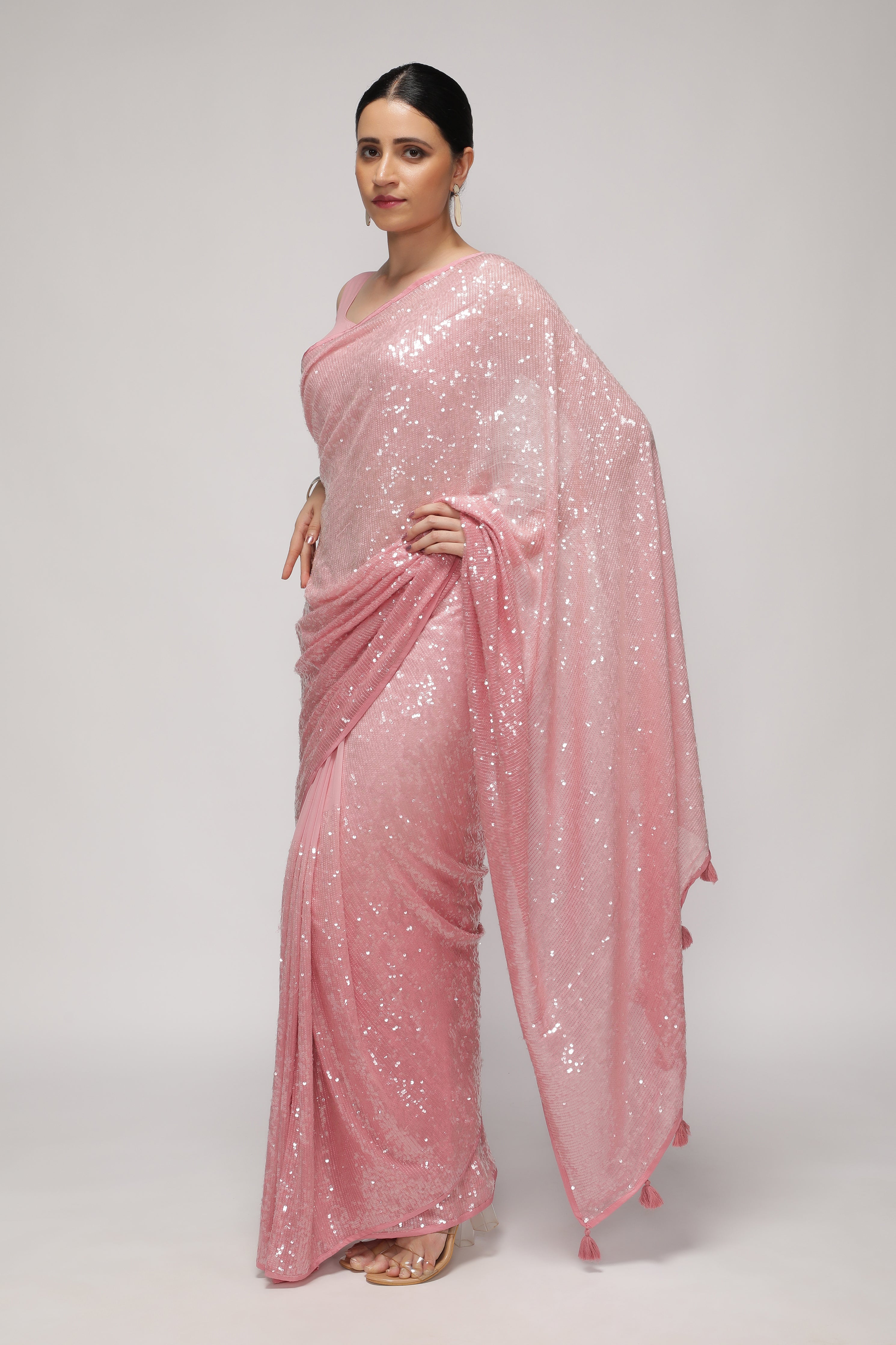 Peach Georgette Saree with Self Sequins & Thread Work