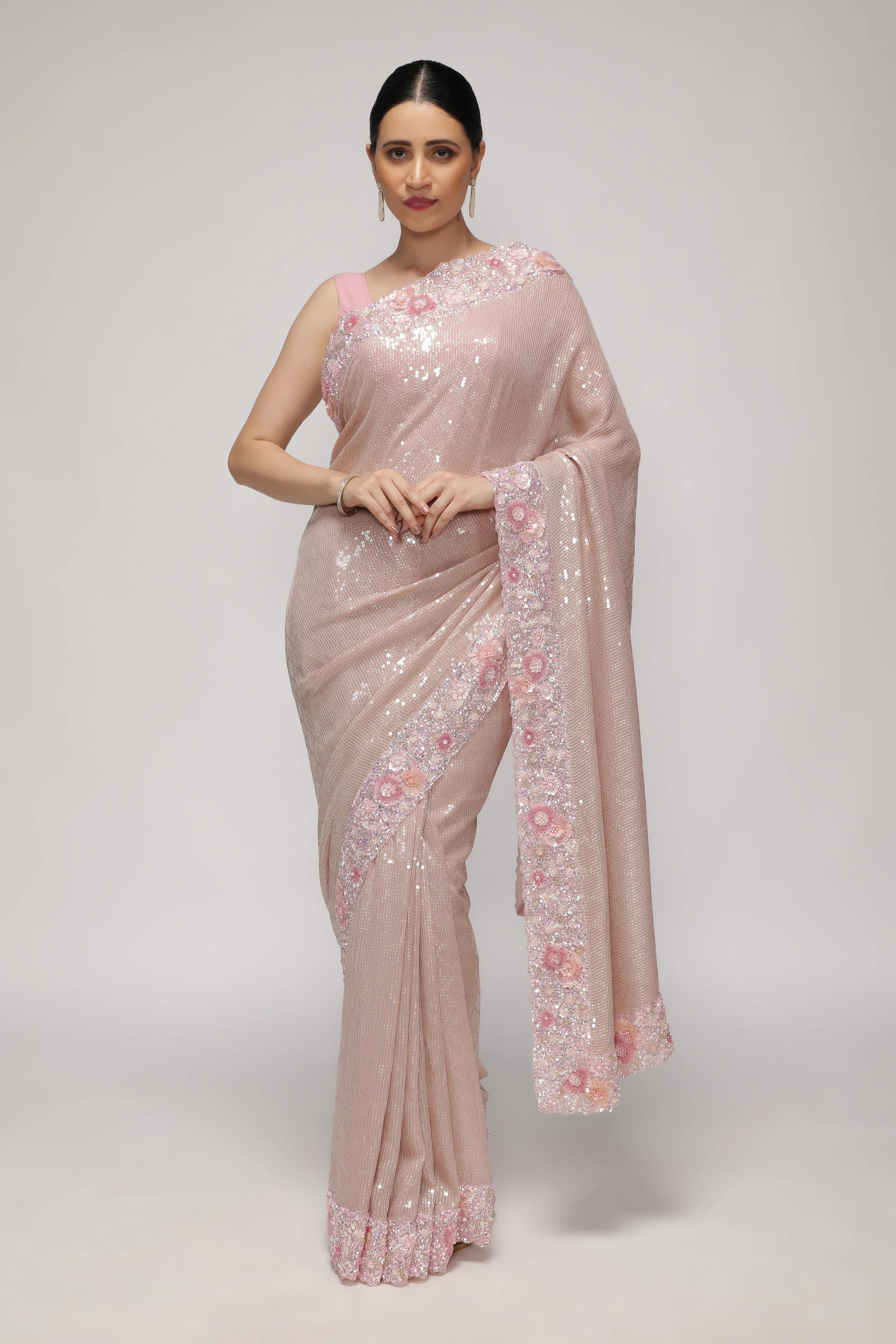 Onion Pink Georgette Saree with Sequin, Pearl & Bead Embroidery Border - Mokshaa