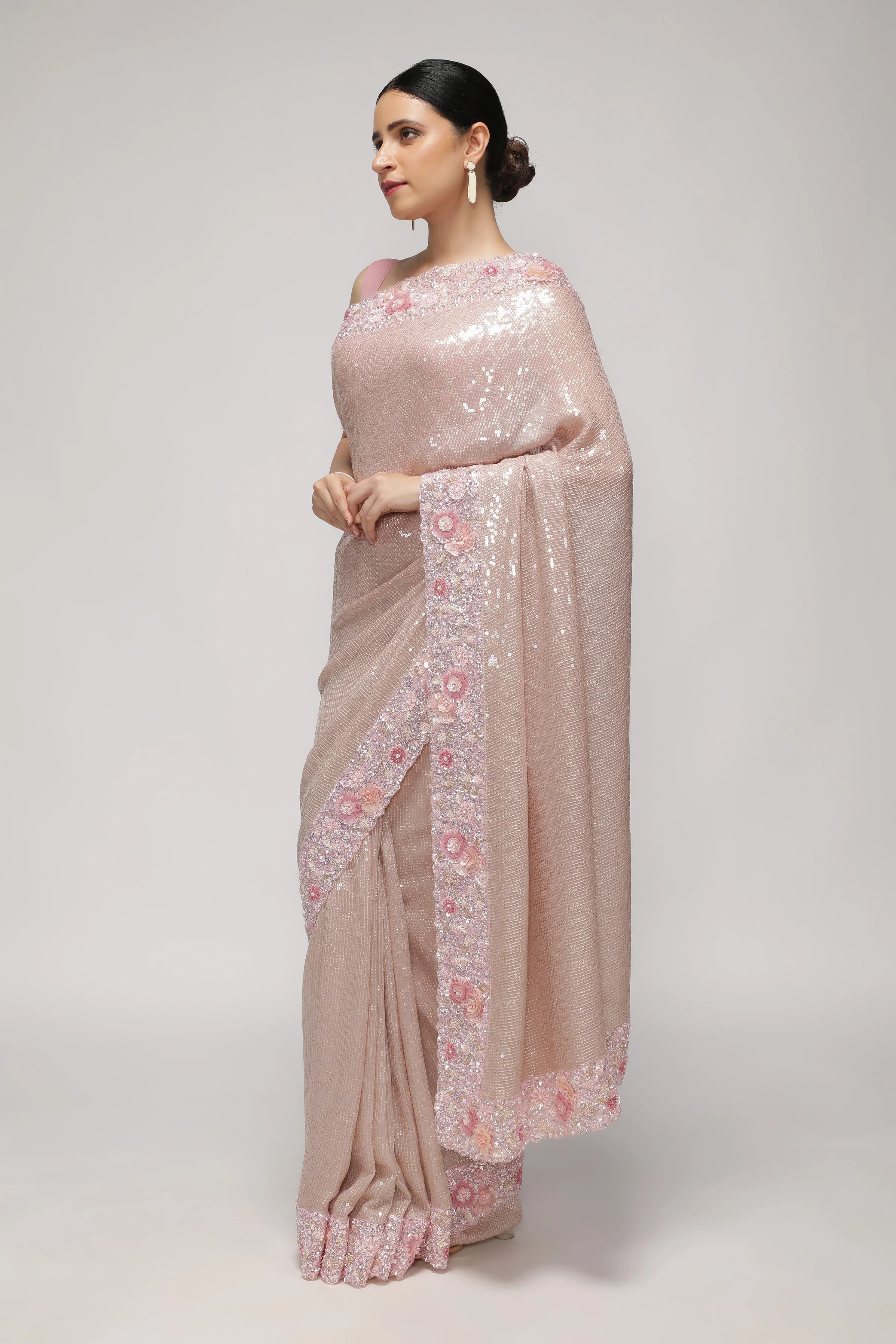 Onion Pink Georgette Saree with Sequin, Pearl & Bead Embroidery Border - Mokshaa