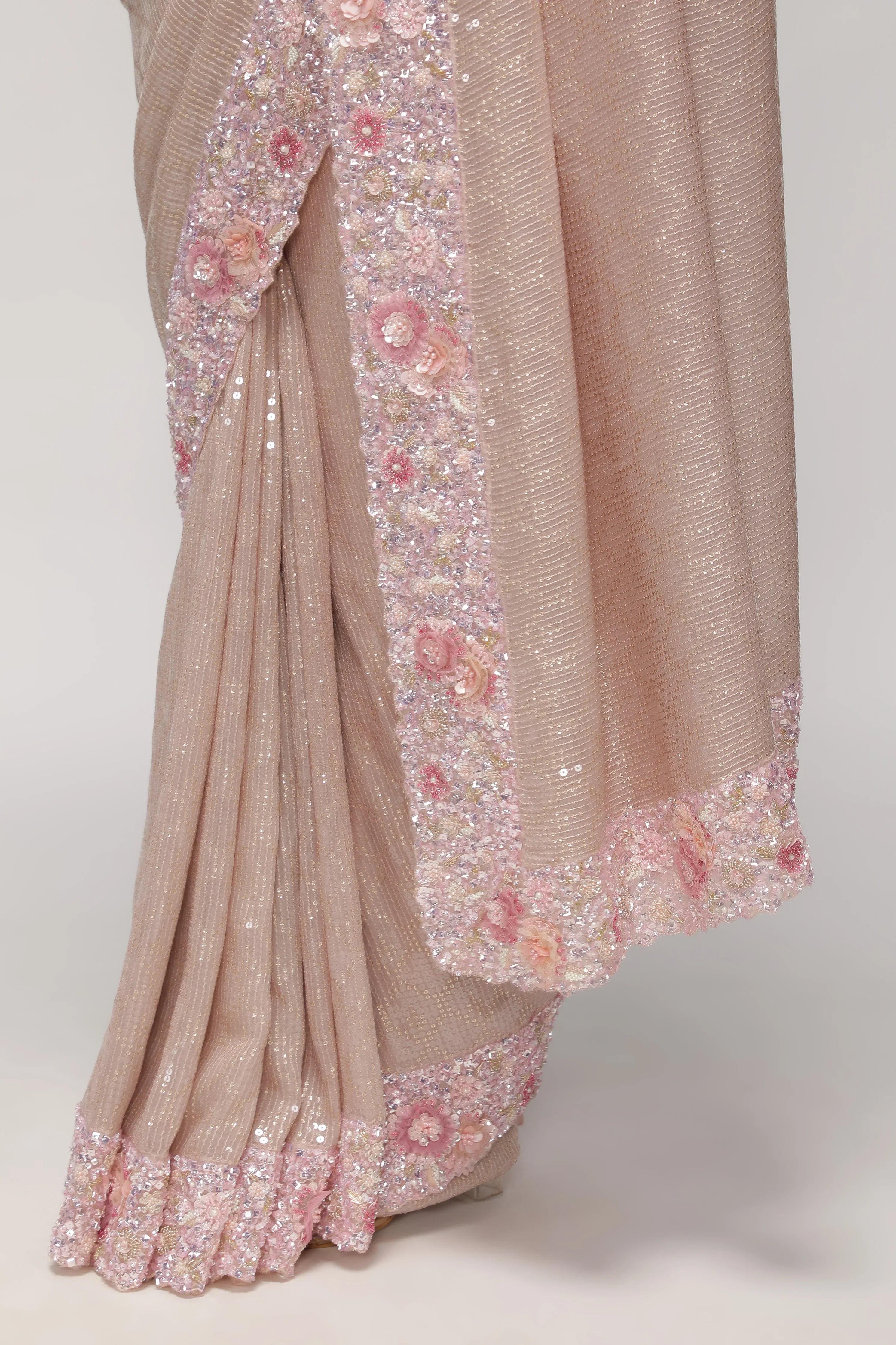 Onion Pink Georgette Saree with Sequin, Pearl & Bead Embroidery Border - Mokshaa