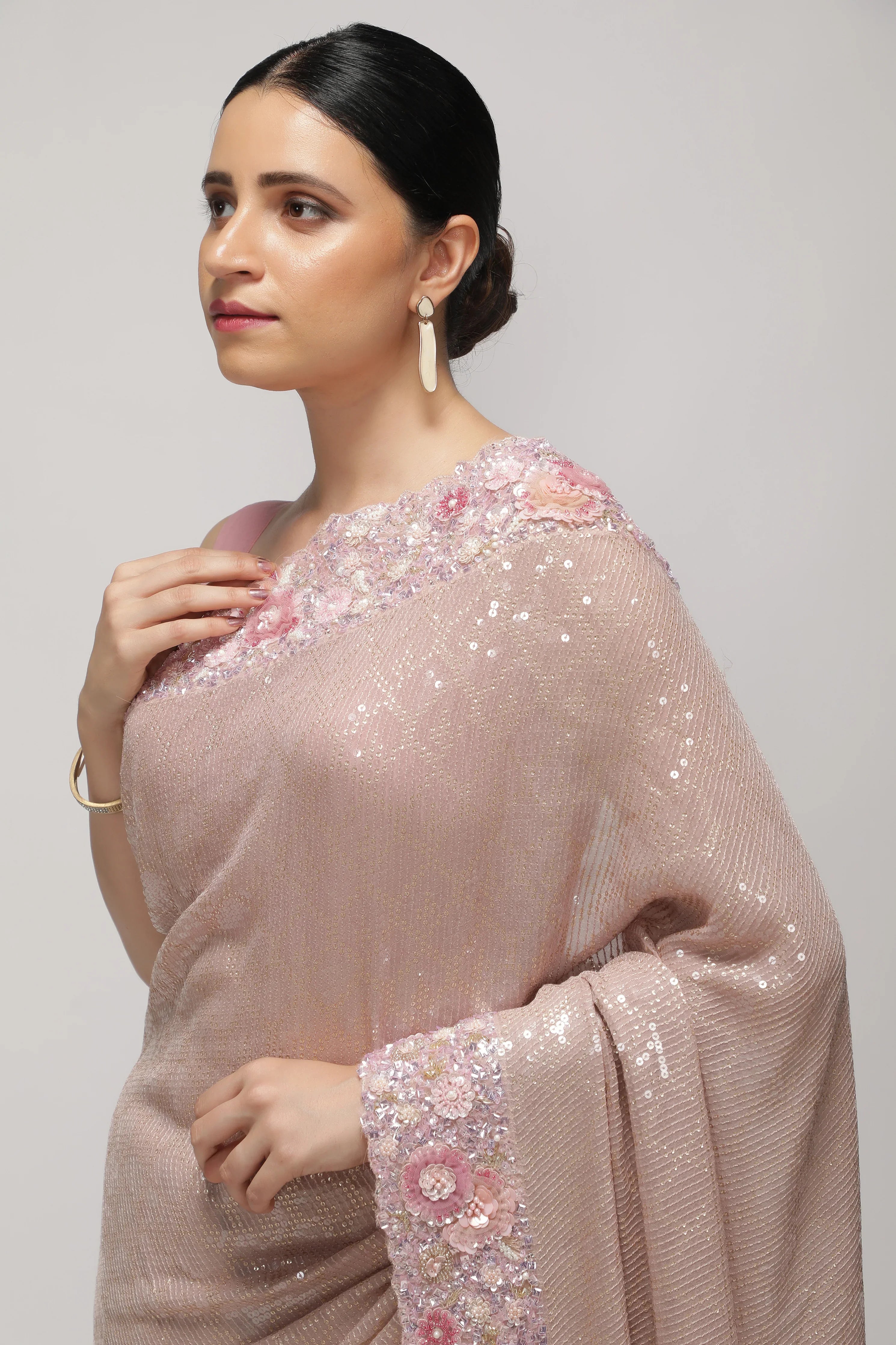Onion Pink Georgette Saree with Sequin, Pearl & Bead Embroidery Border - Mokshaa