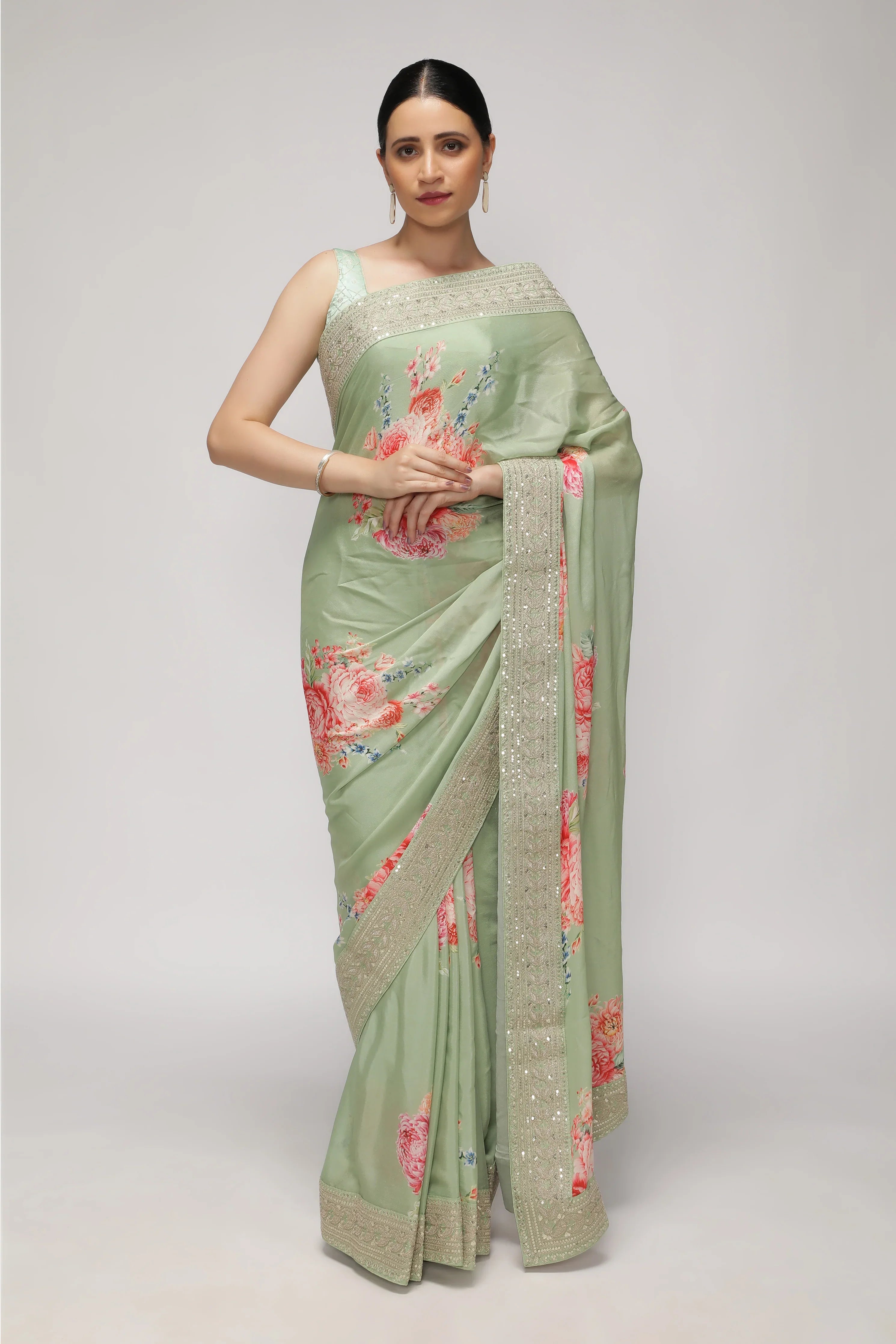 Green Crepe Georgette Saree with Floral Print & Aari Work Border - Mokshaa