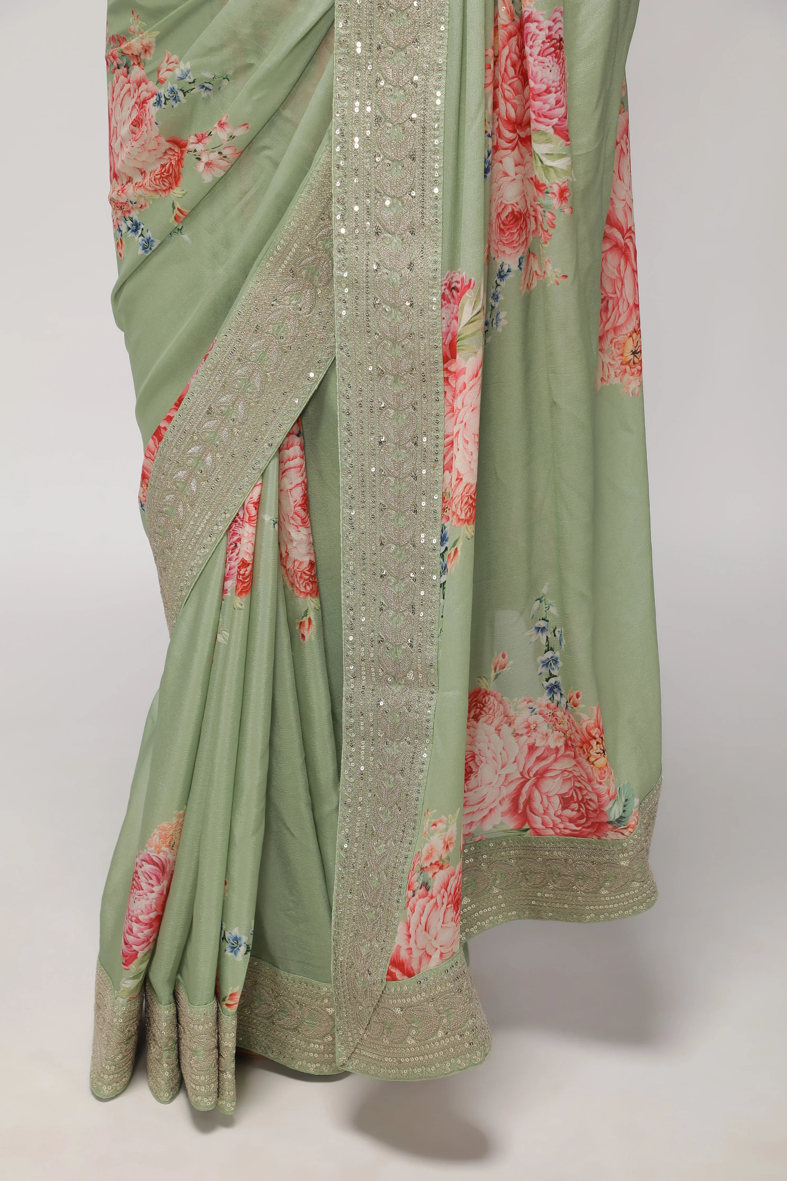 Green Crepe Georgette Saree with Floral Print & Aari Work Border - Mokshaa