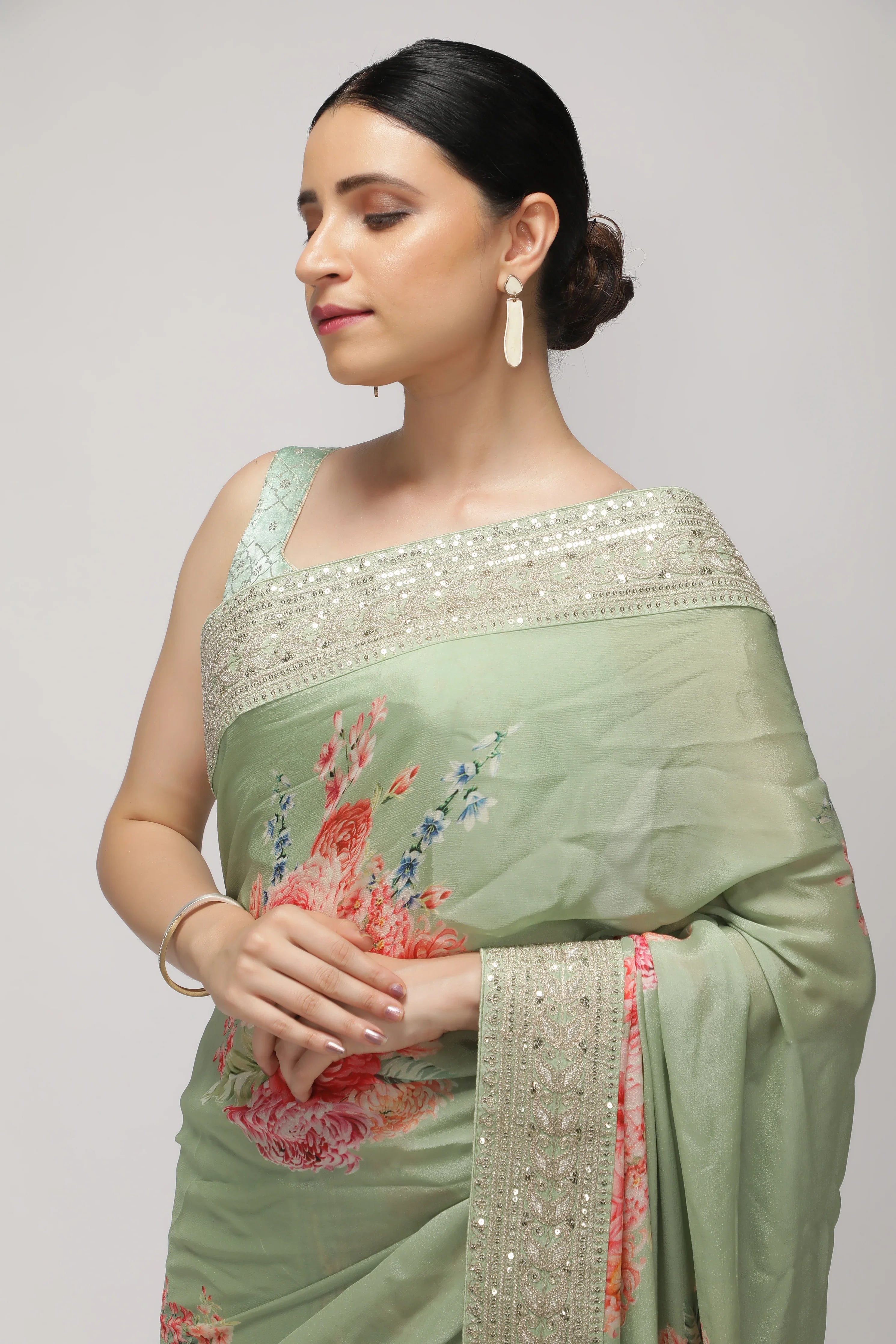 Green Crepe Georgette Saree with Floral Print & Aari Work Border - Mokshaa