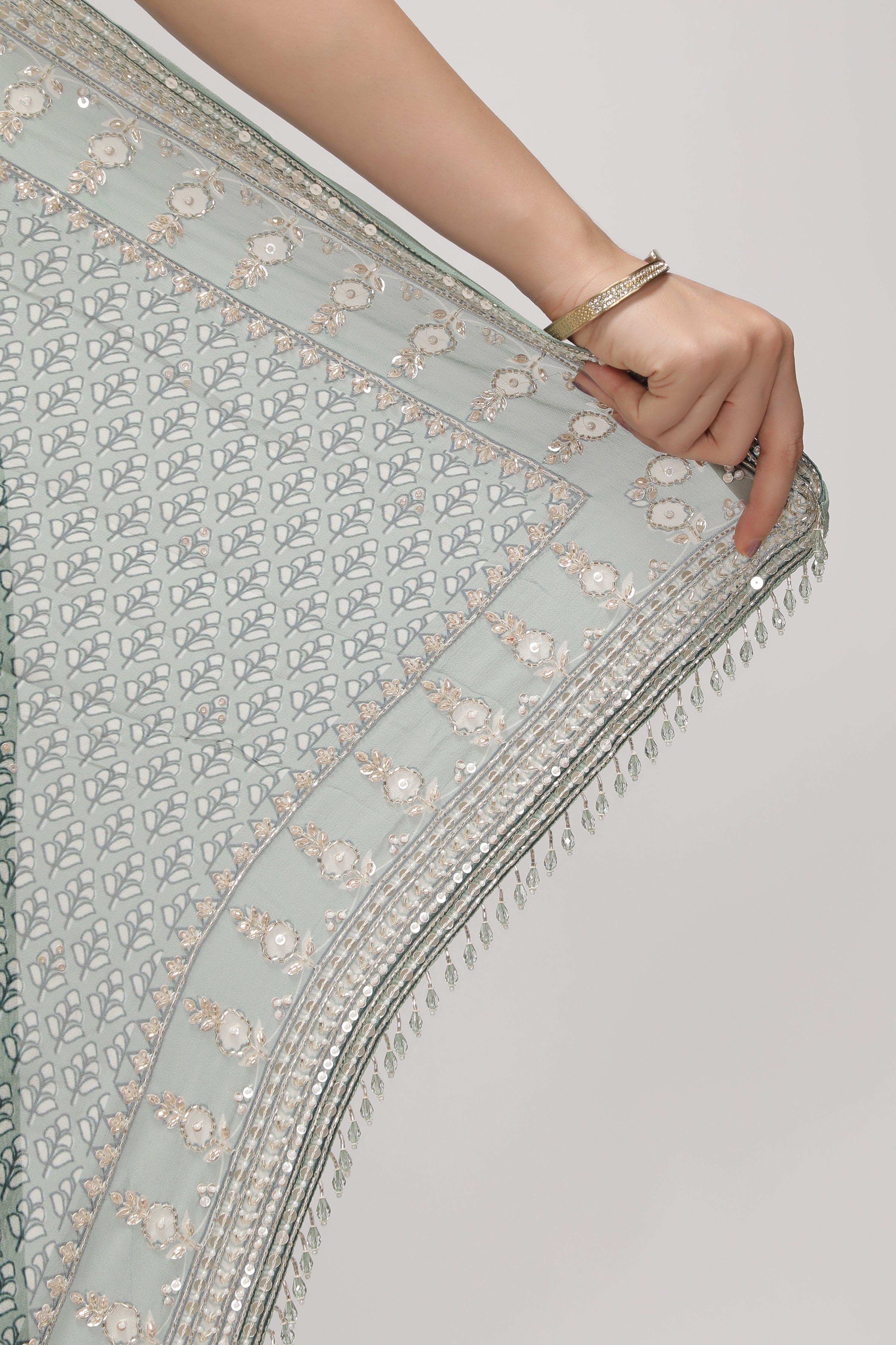 Mint Blue Georgette Saree with Printed Sequins Highlight Body and Sequins Border