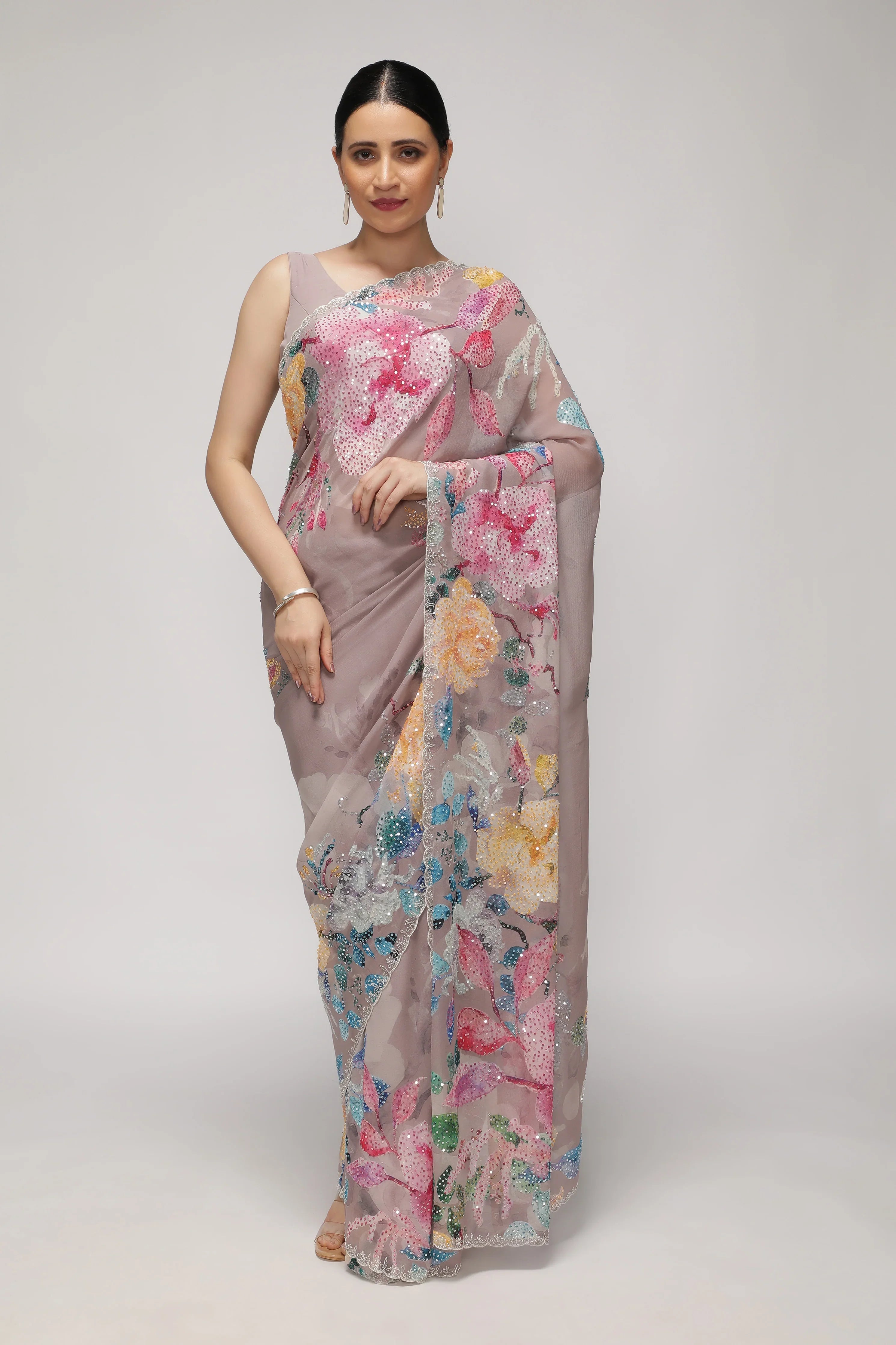 Dusty Lavender Georgette Saree with Multi-Printed Sequin Work Border | Mokshaa