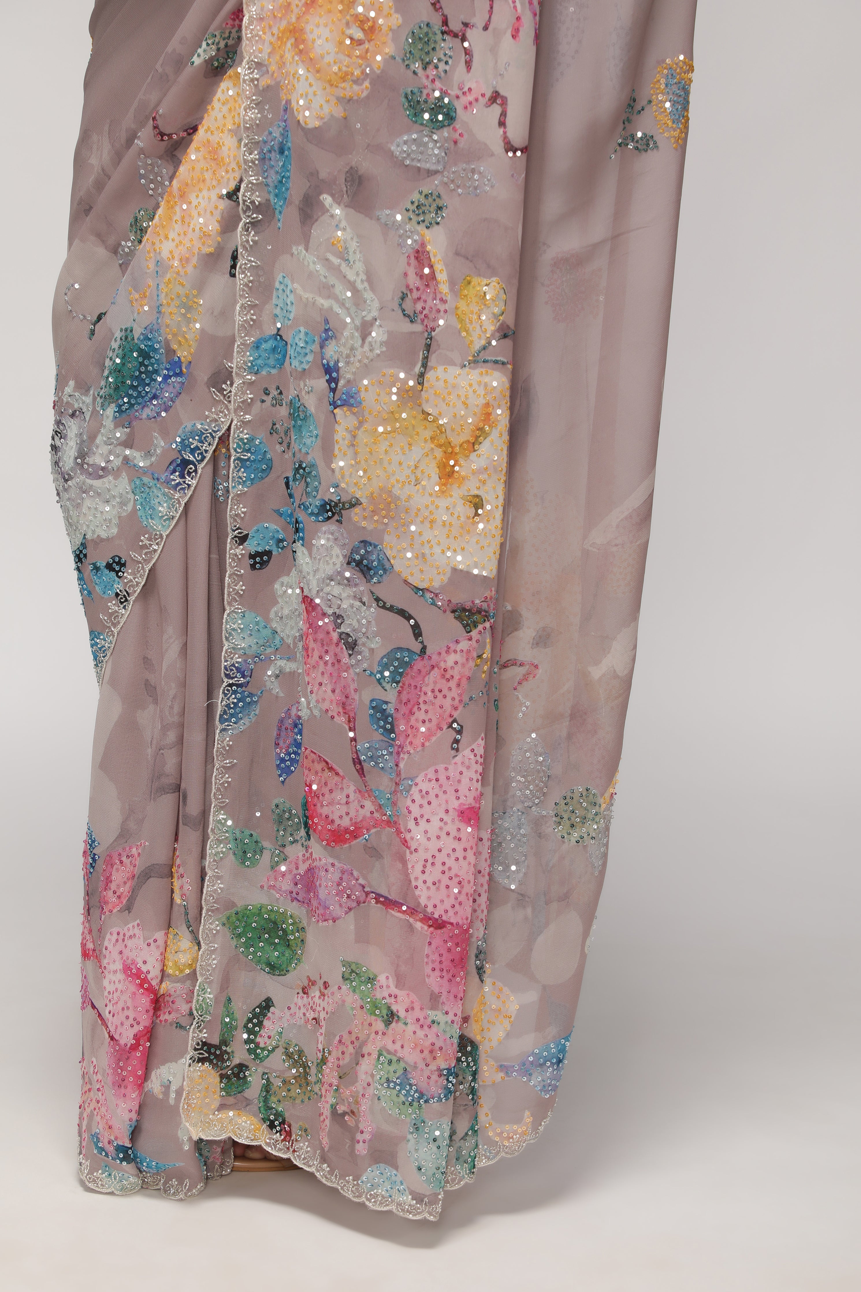 Dusty Lavender Georgette Saree with Multi-Printed Sequin Work Border