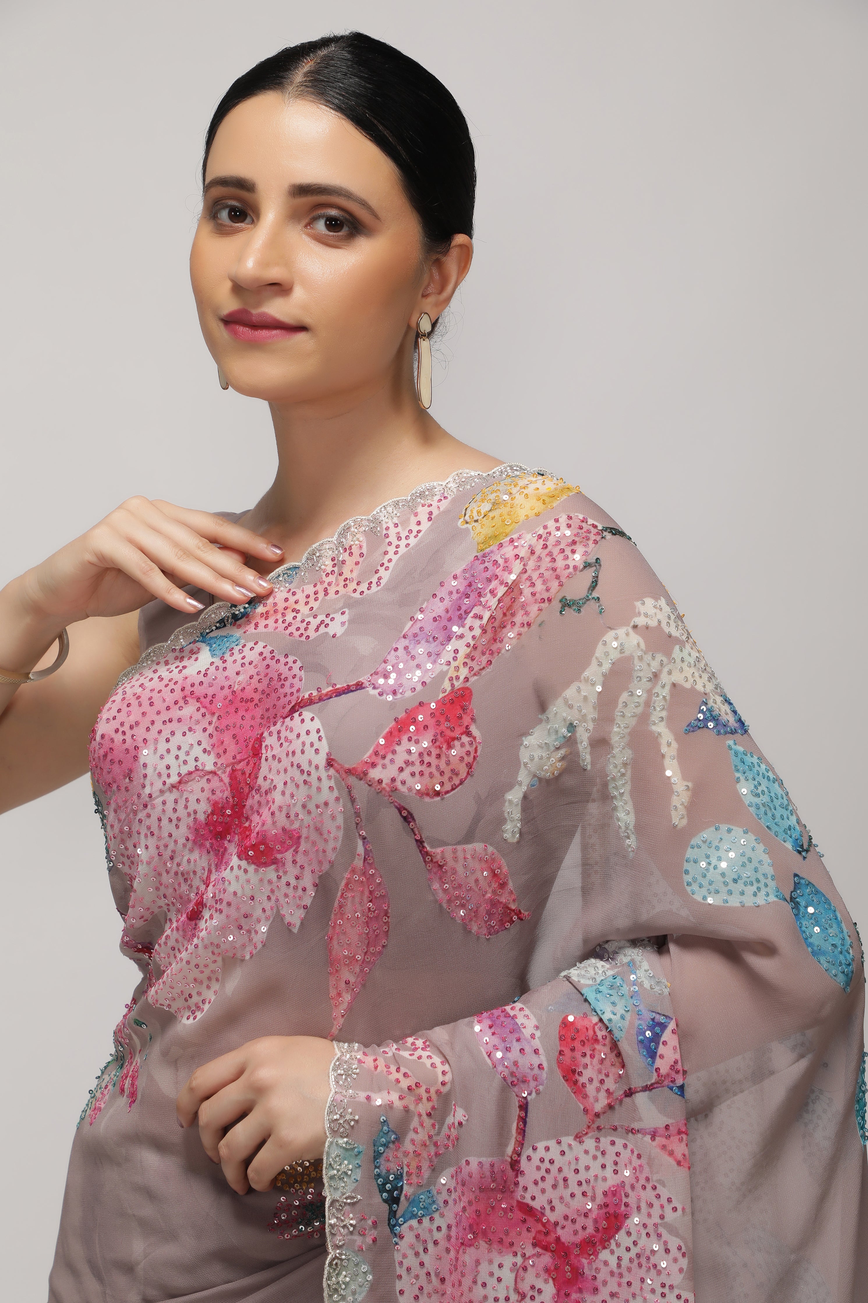 Dusty Lavender Georgette Saree with Multi-Printed Sequin Work Border