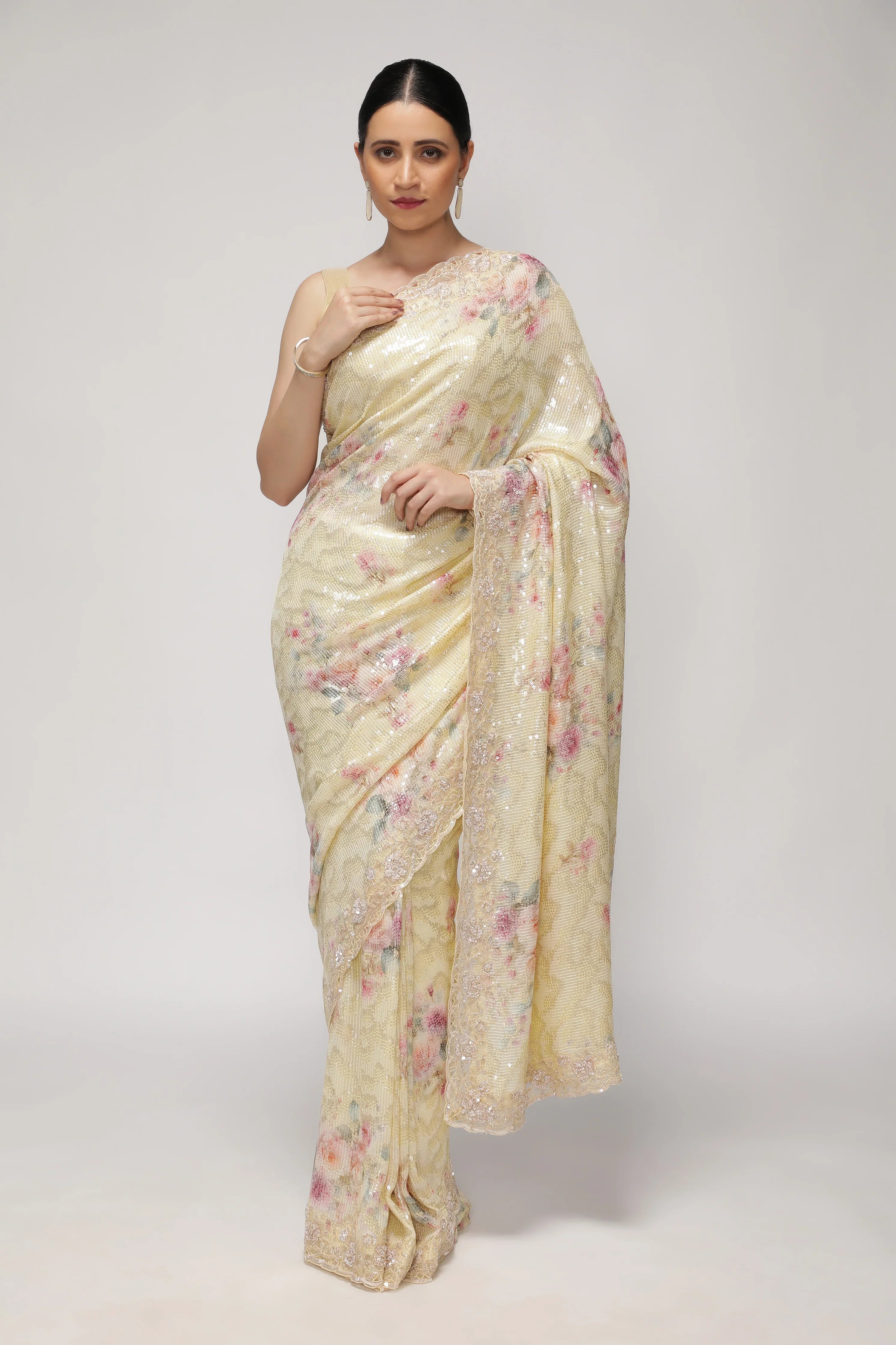 Pastel Lime Georgette Saree with Floral Print, Sequins & Cut Work Border | Mokshaa