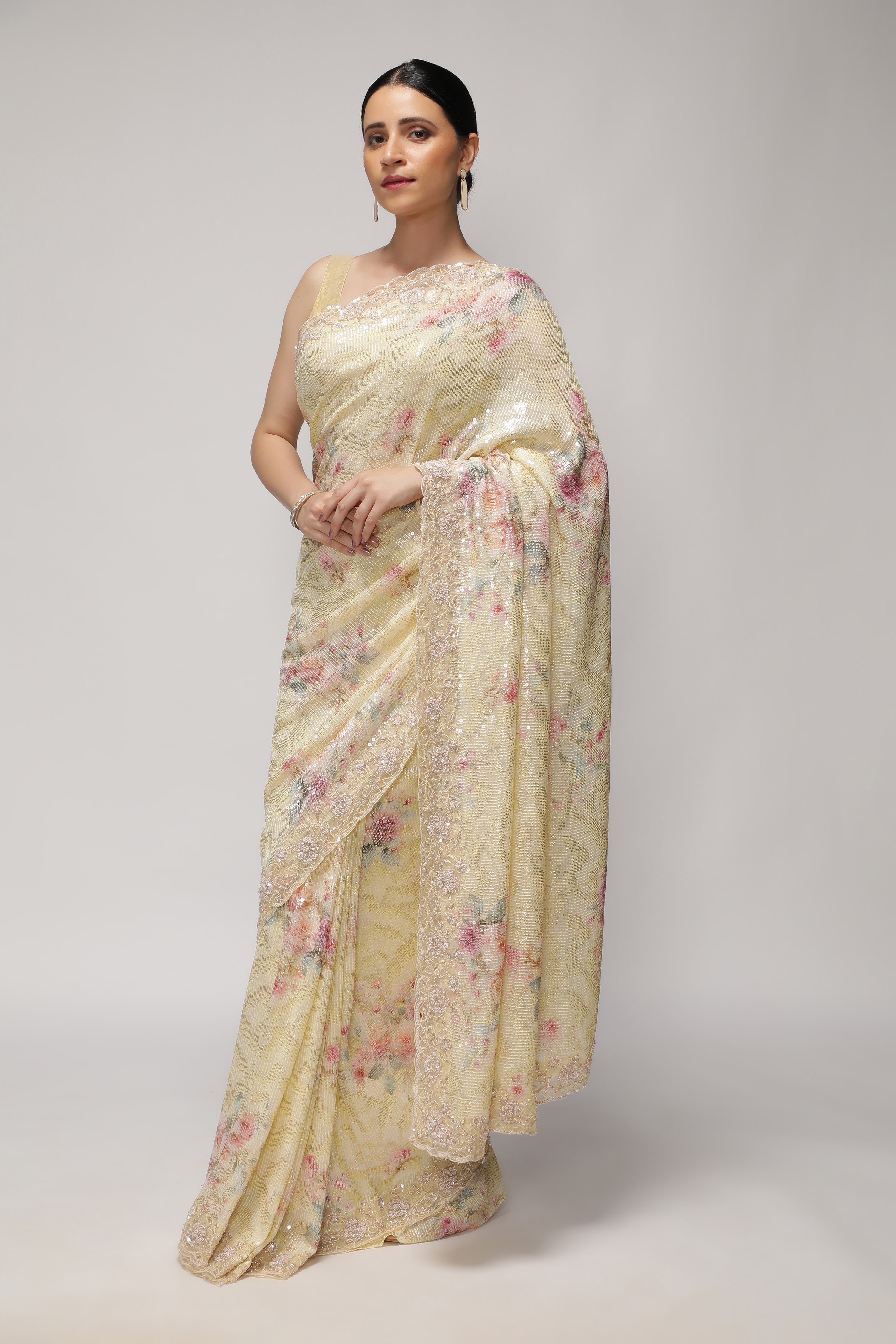 Pastel Lime Georgette Saree with Floral Print, Sequins & Cut Work Border