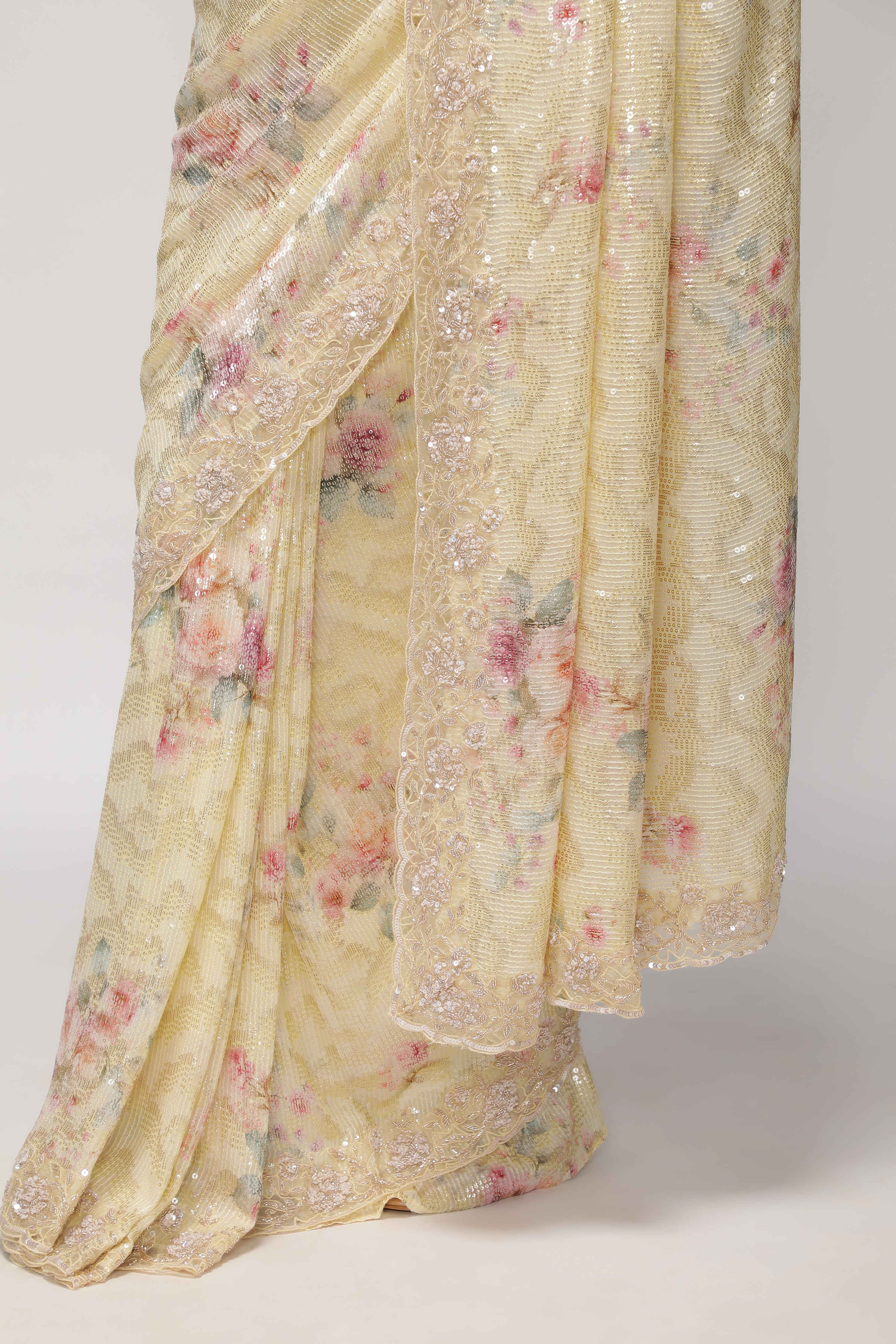 Pastel Lime Georgette Saree with Floral Print, Sequins & Cut Work Border