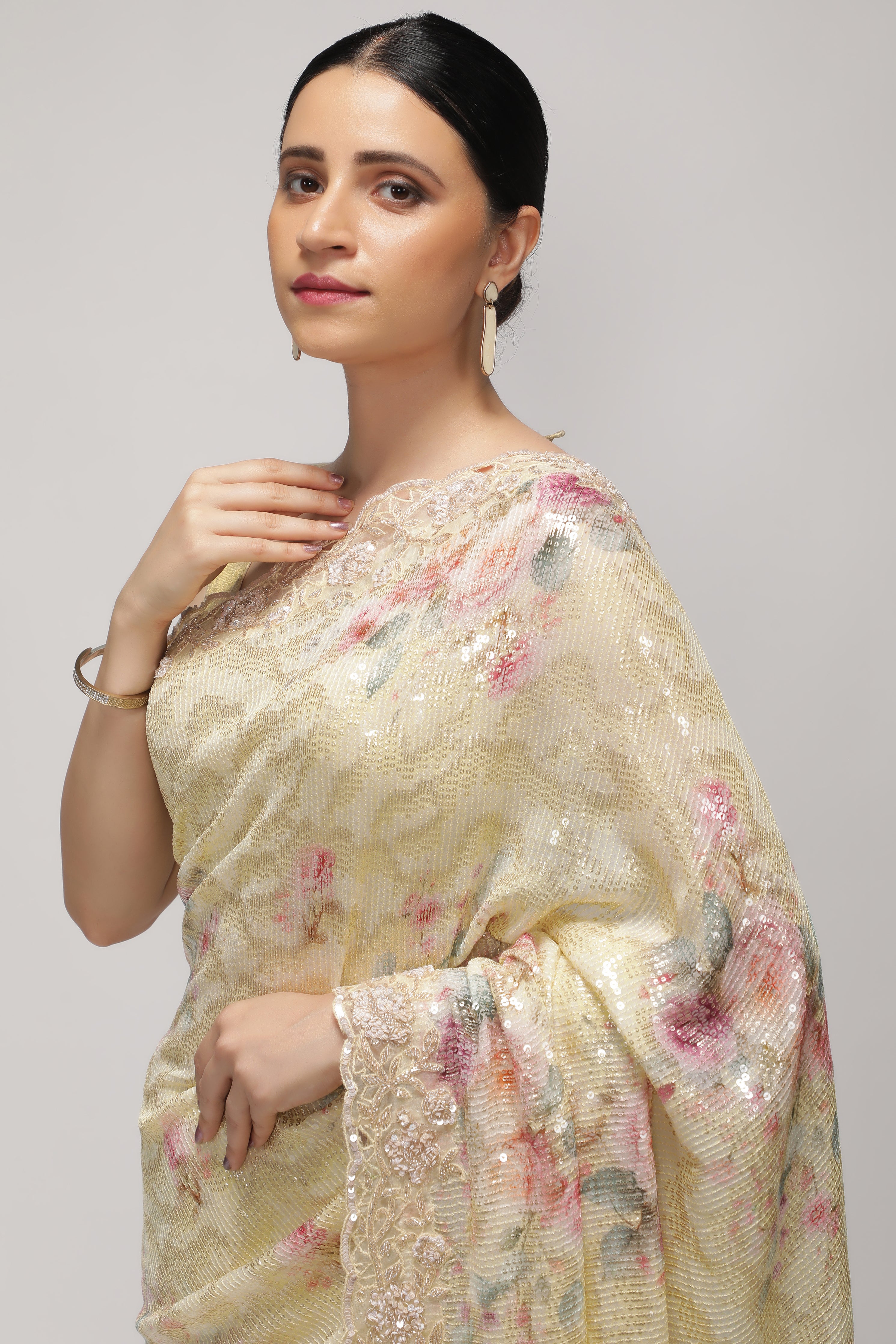 Pastel Lime Georgette Saree with Floral Print, Sequins & Cut Work Border