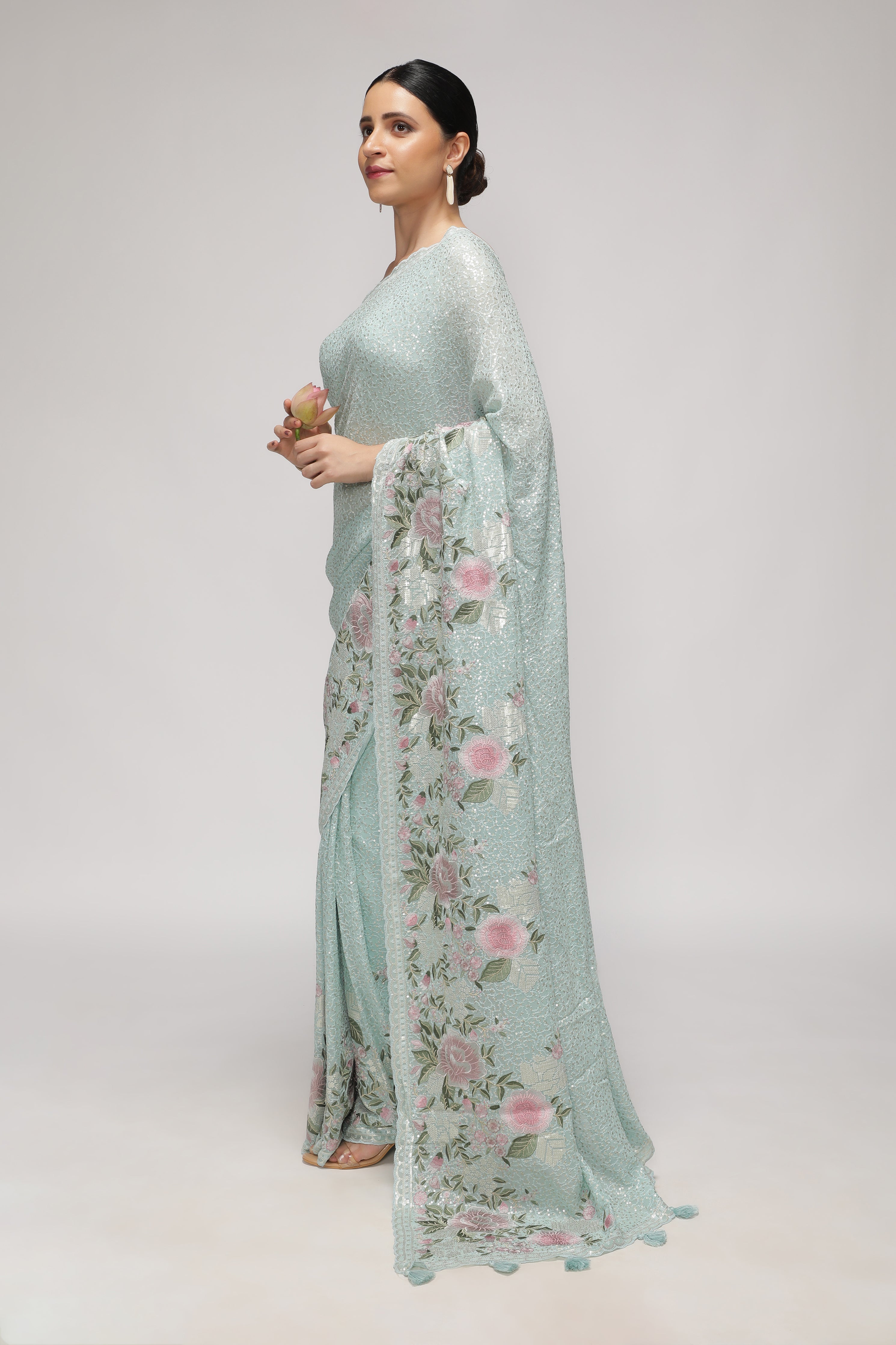 Sea Blue Georgette Saree with All-Over Sequins Body & Embroidered Border