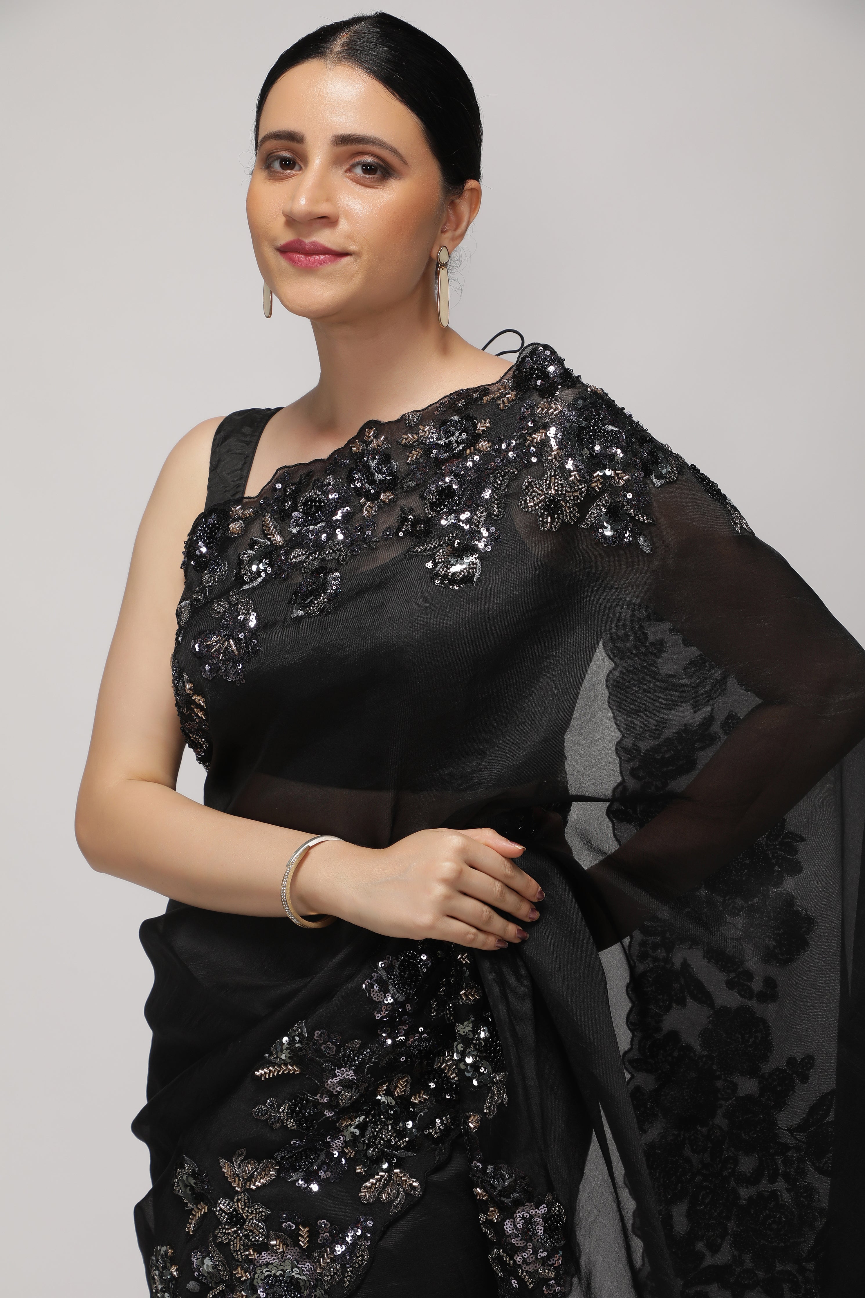 Black Organza Saree with Multi-Sequins Floral & Scallop Border