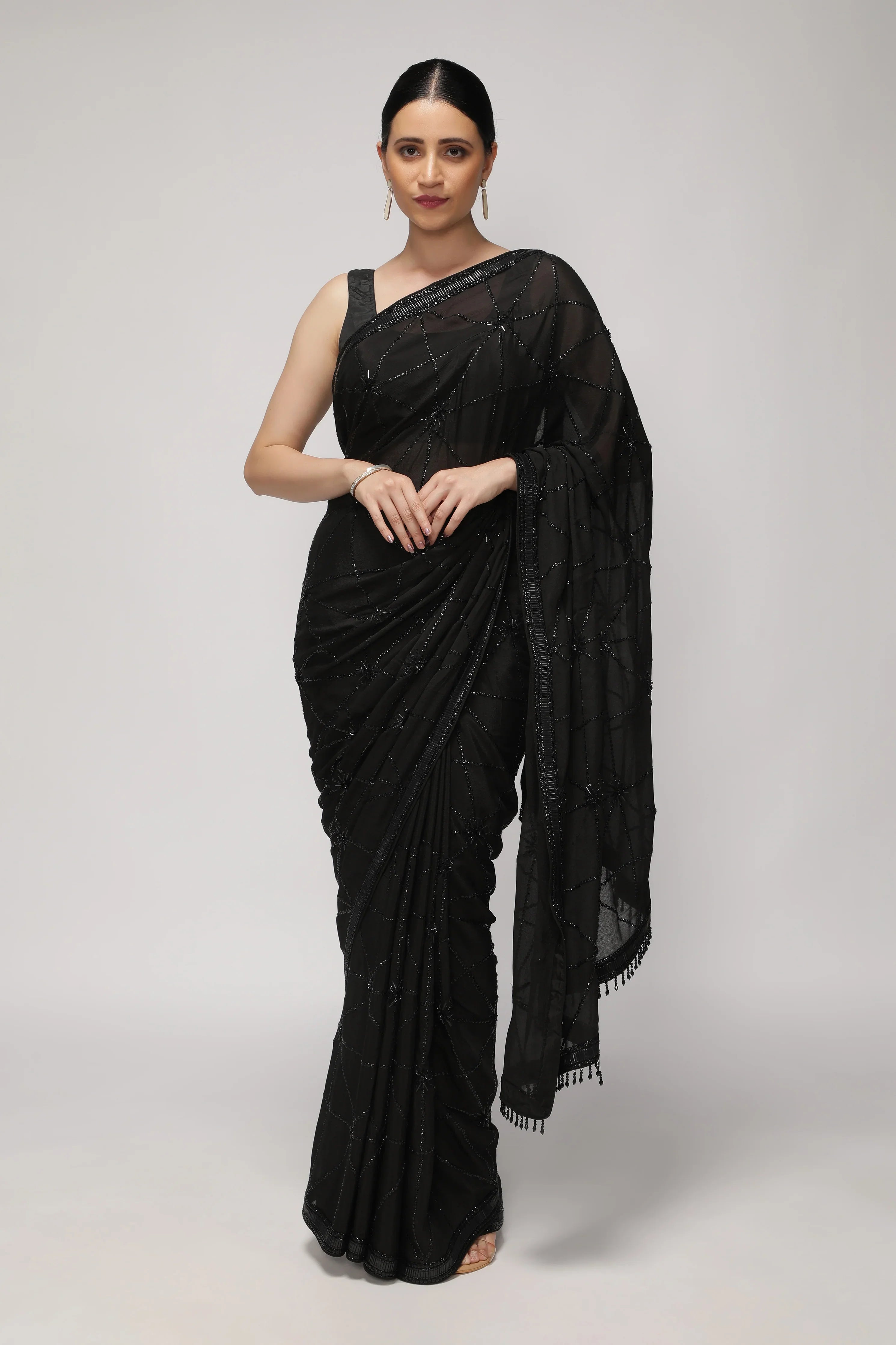Black Crepe Chiffon Saree with All-Over Sequin Work | Mokshaa