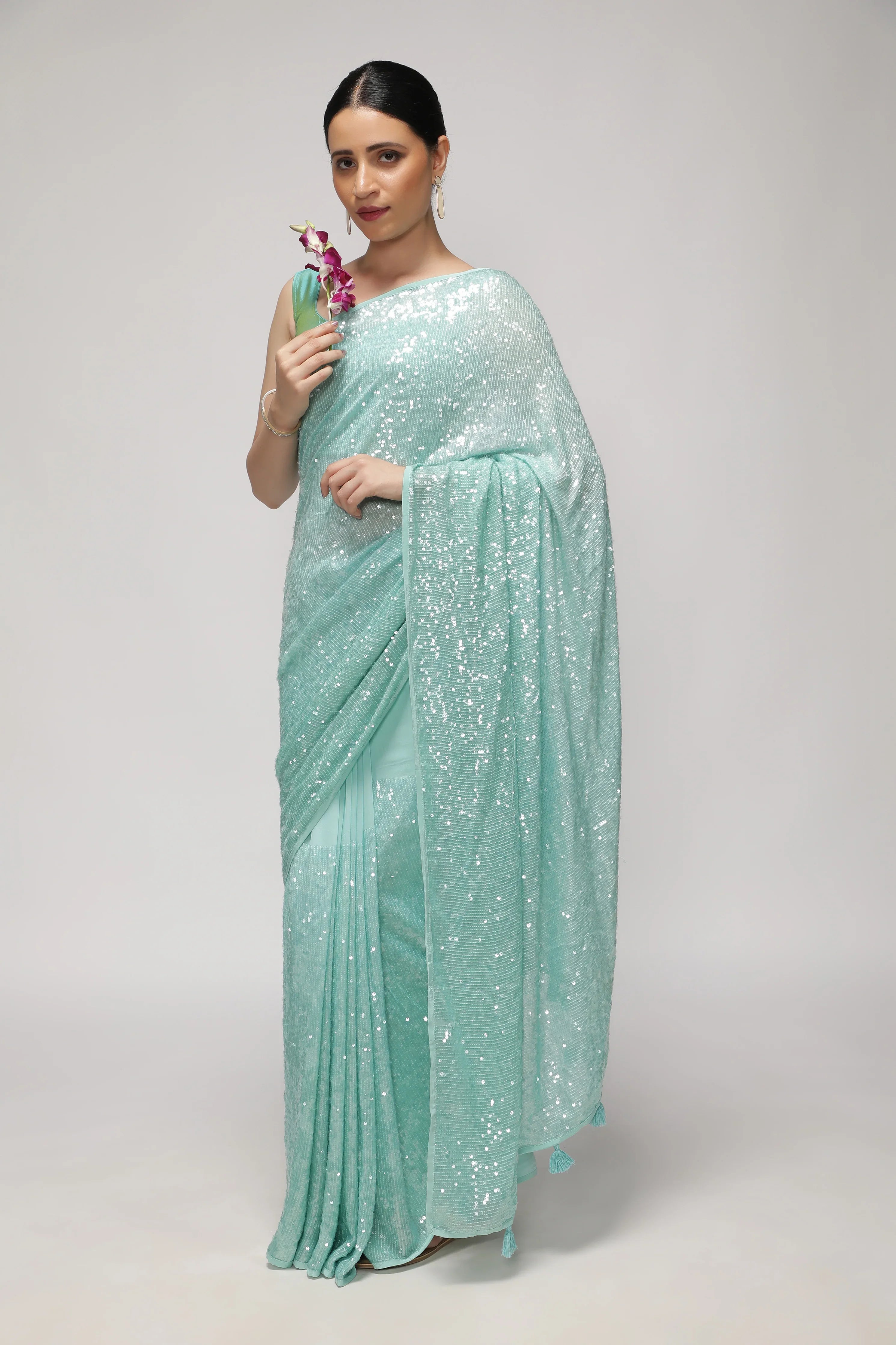 Aqua Blue Georgette Saree with Self Sequins & Thread Work | Mokshaa