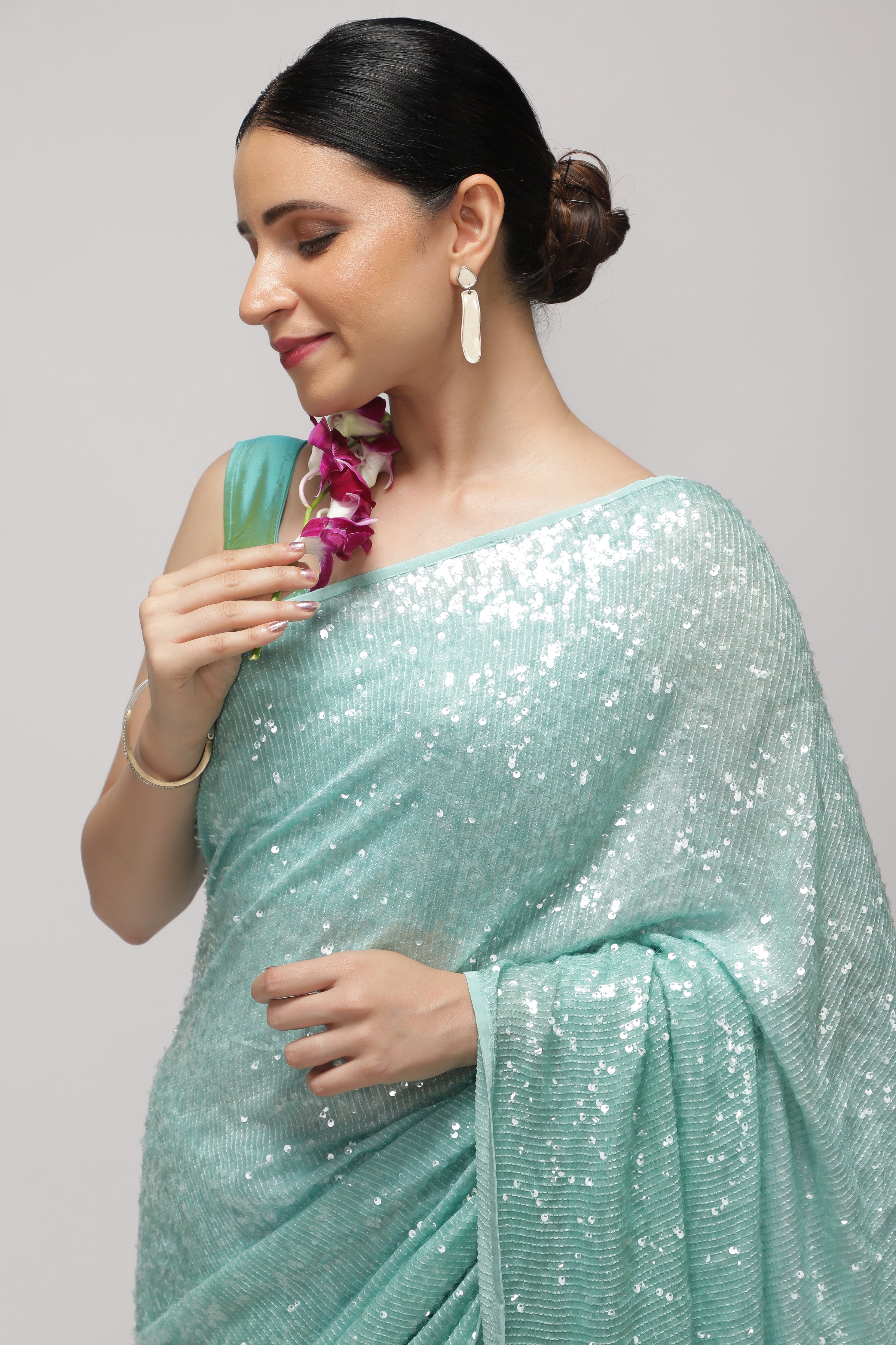 Aqua Blue Georgette Saree with Self Sequins & Thread Work