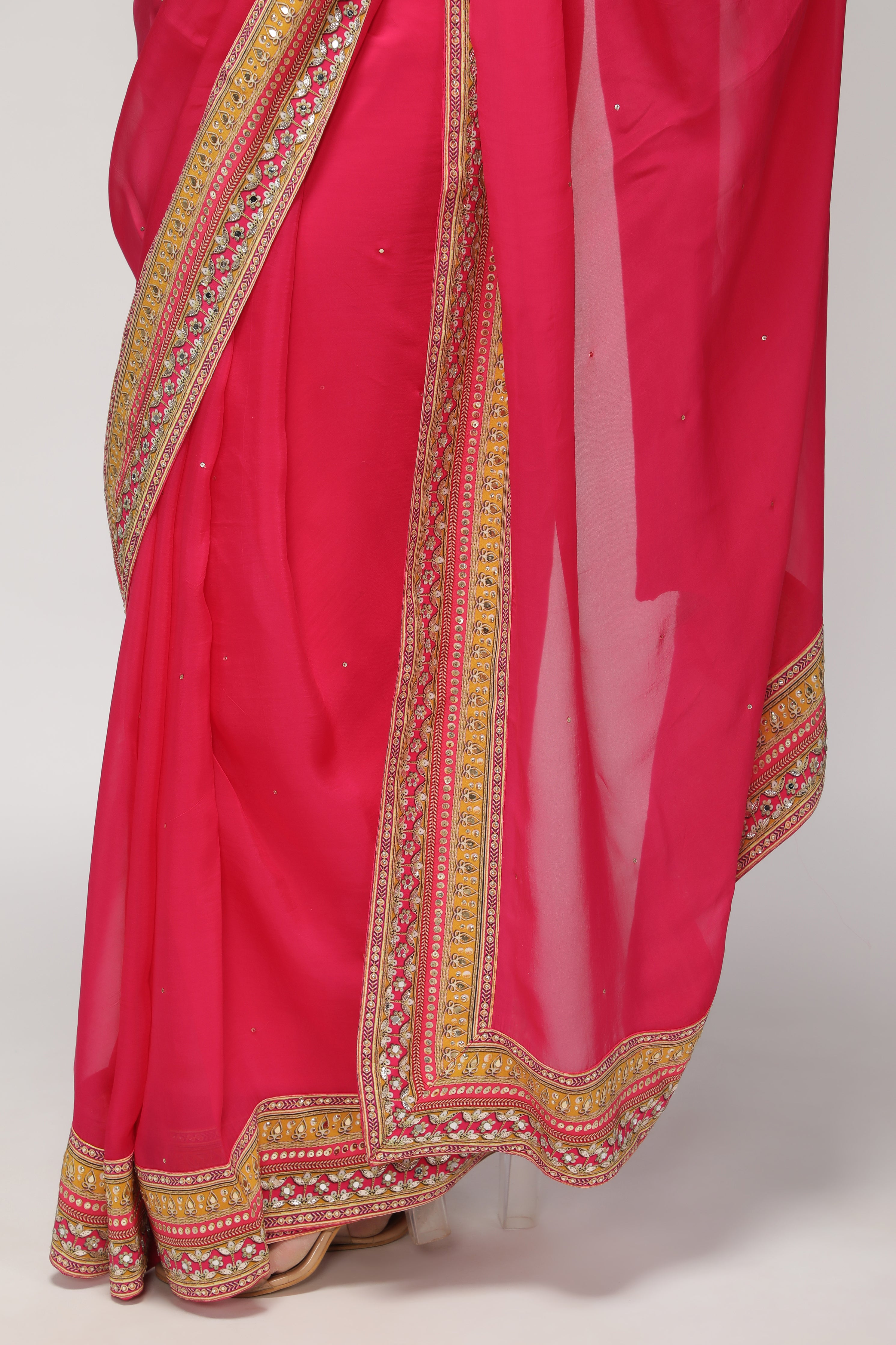 Rani Pink Silk Organza Saree with Sequin Highlights & Mirror Work Border