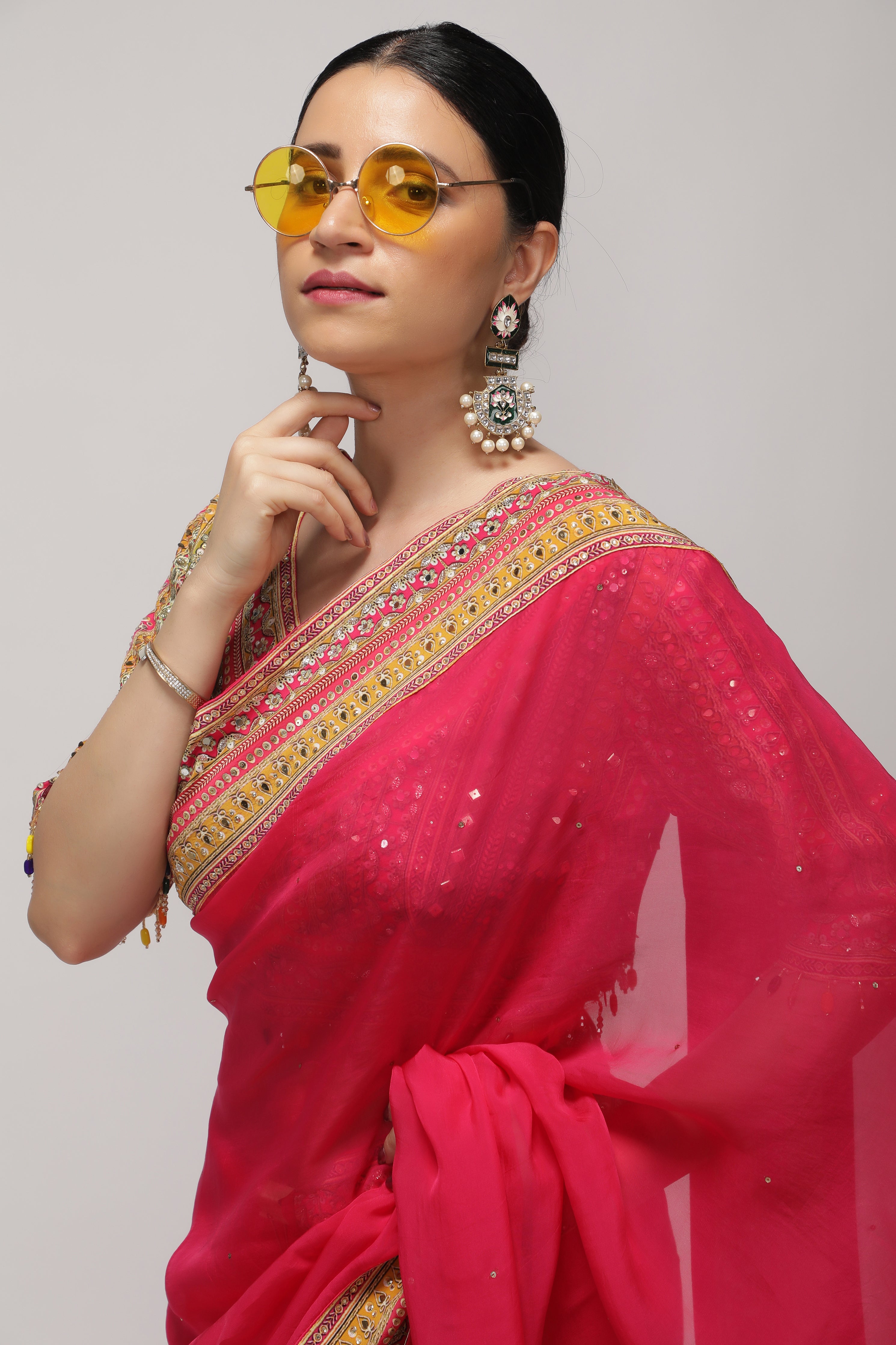 Rani Pink Silk Organza Saree with Sequin Highlights & Mirror Work Border