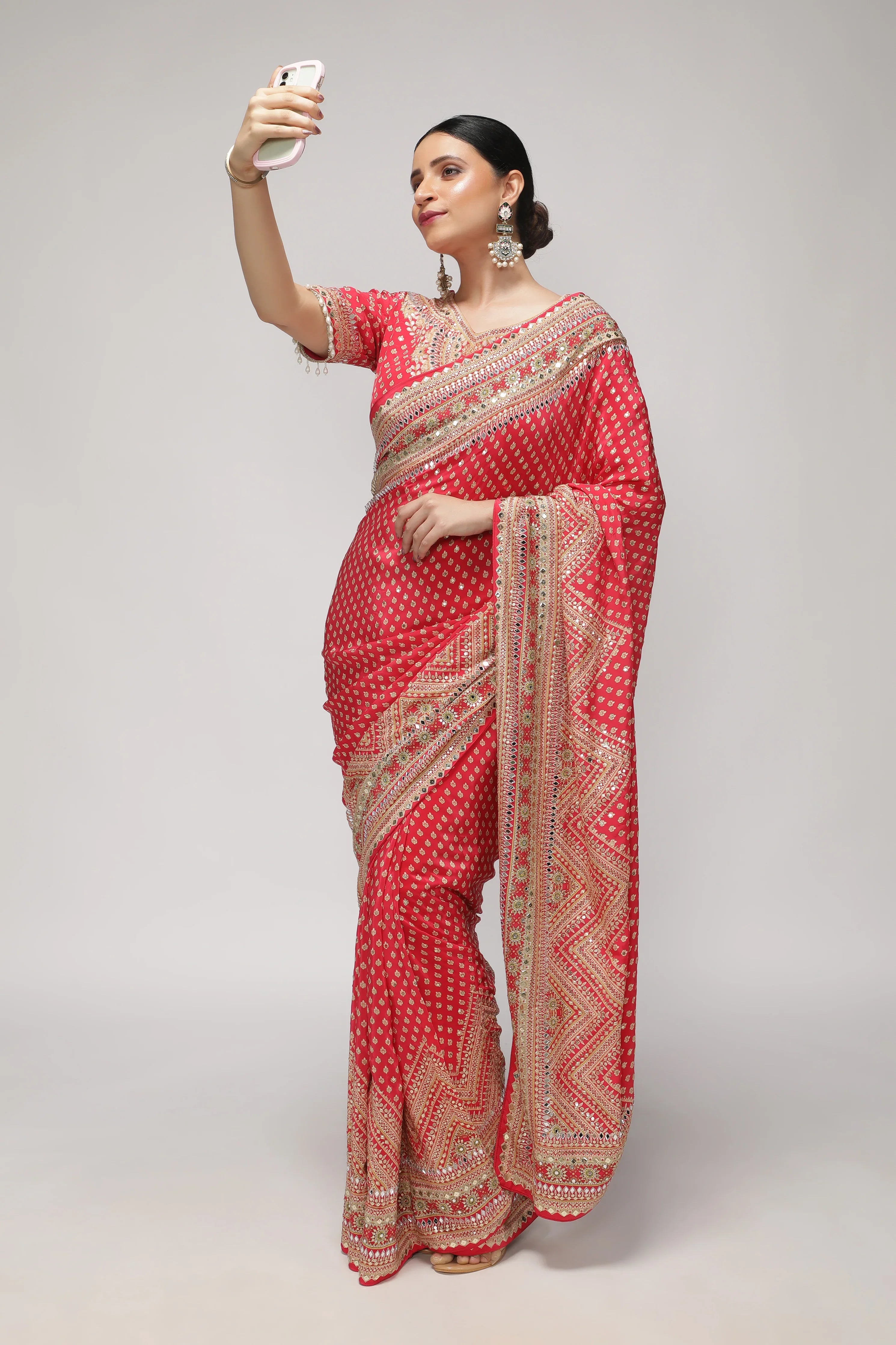 Maroonish Red Satin Silk Saree with All-Over Print, Sequin & Mirror Work | Mokshaa