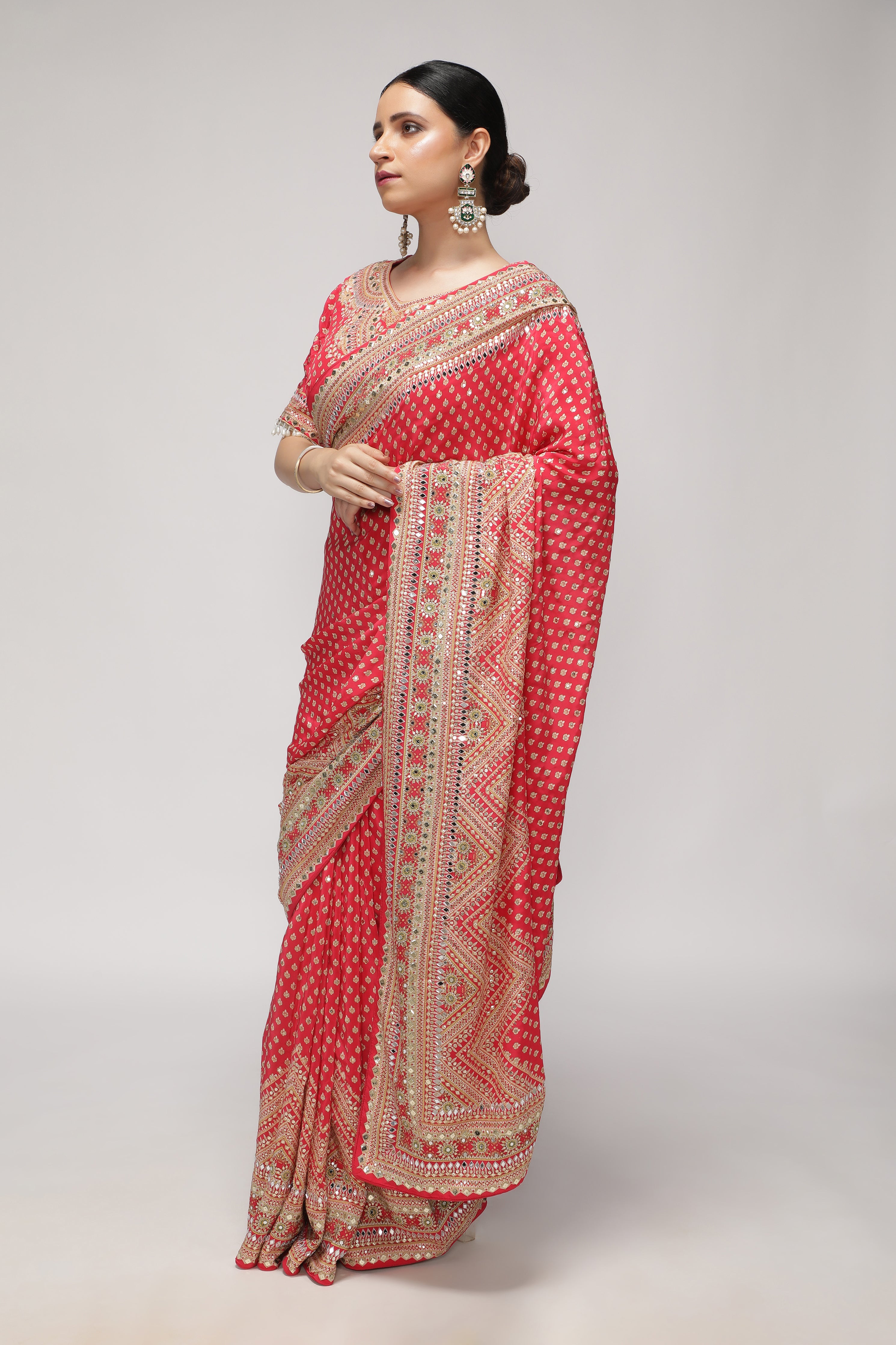 Maroonish Red Satin Silk Saree with All-Over Print, Sequin & Mirror Work