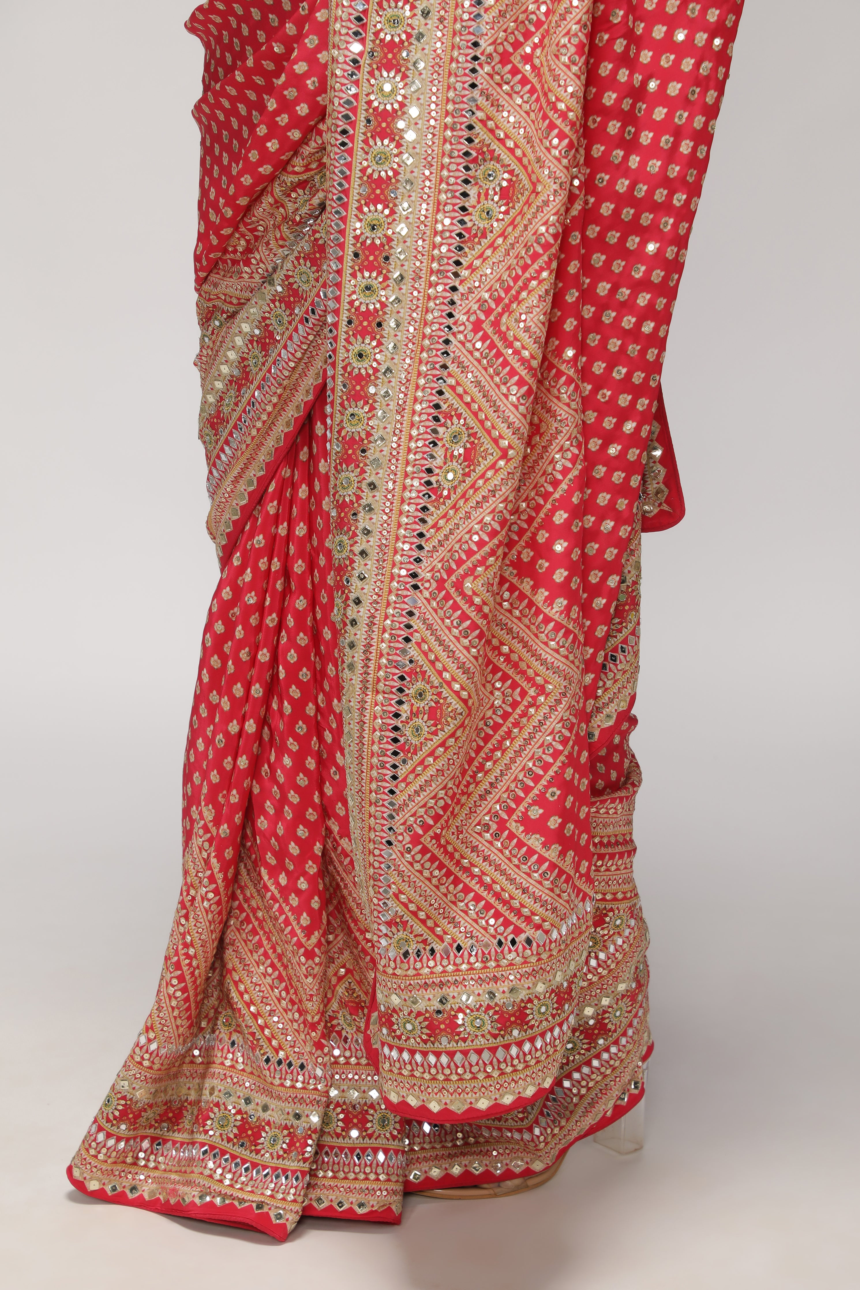Maroonish Red Satin Silk Saree with All-Over Print, Sequin & Mirror Work