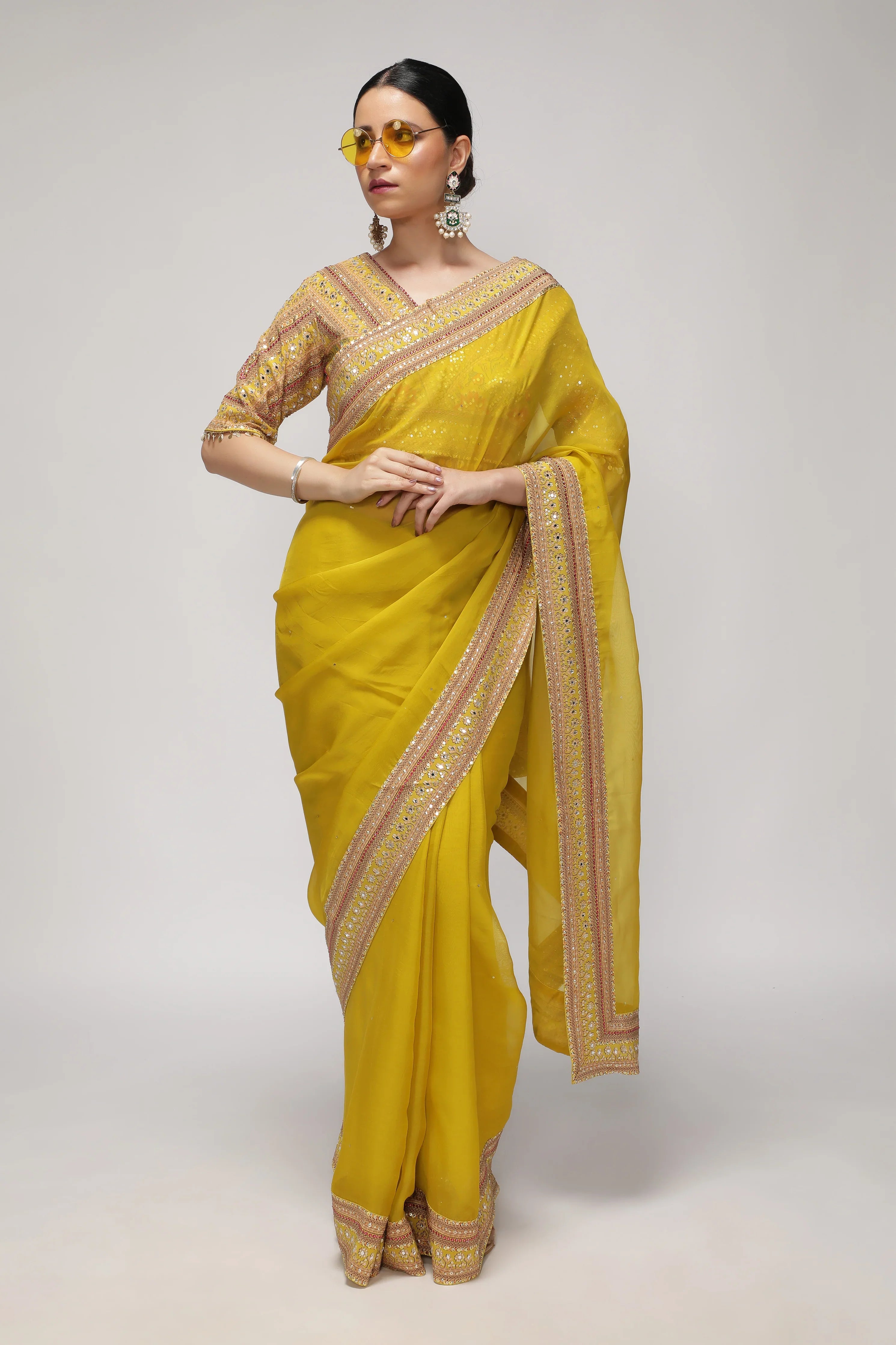 Yellow Silk Organza Saree with Sequin Highlights & Mirror Work Border | Mokshaa