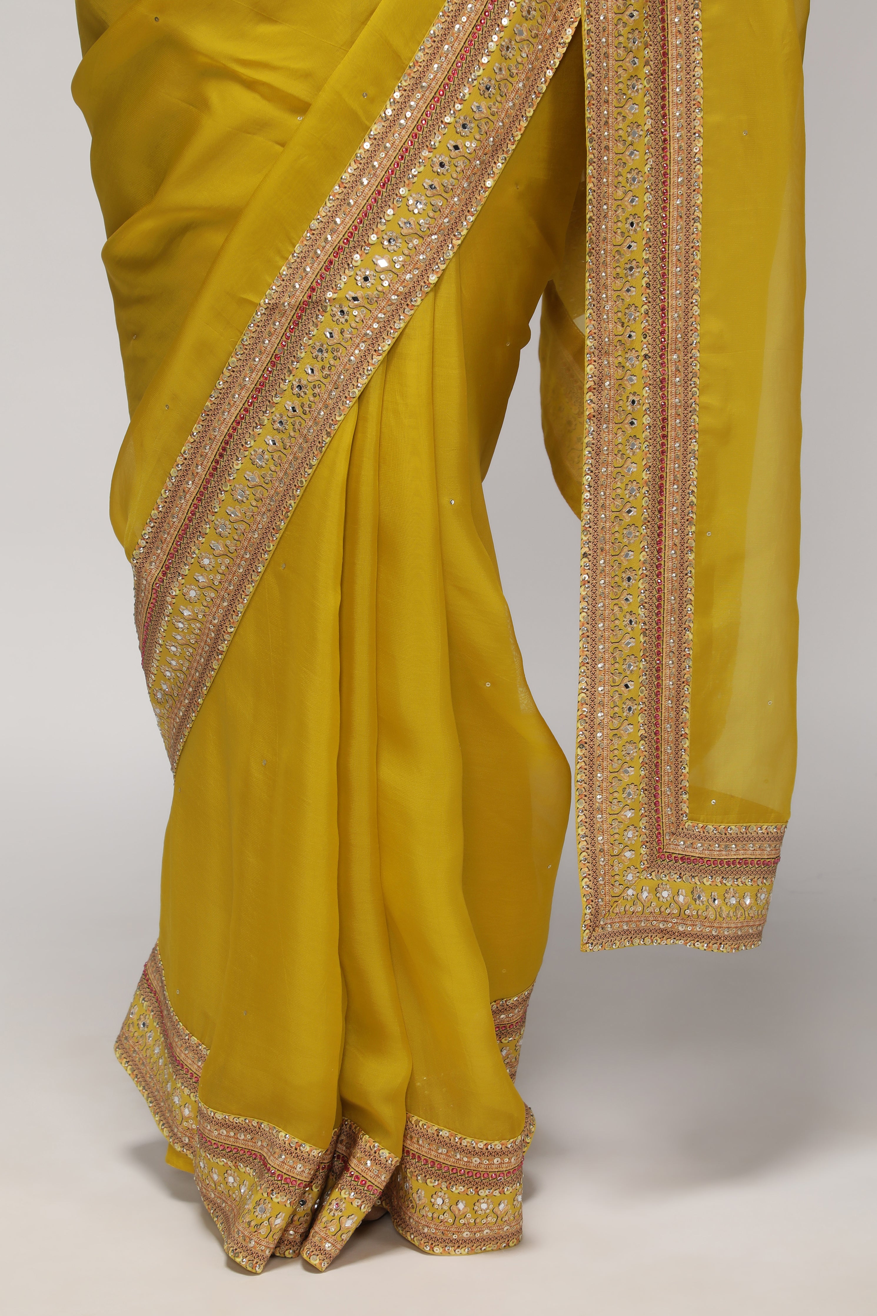 Yellow Silk Organza Saree with Sequin Highlights & Mirror Work Border