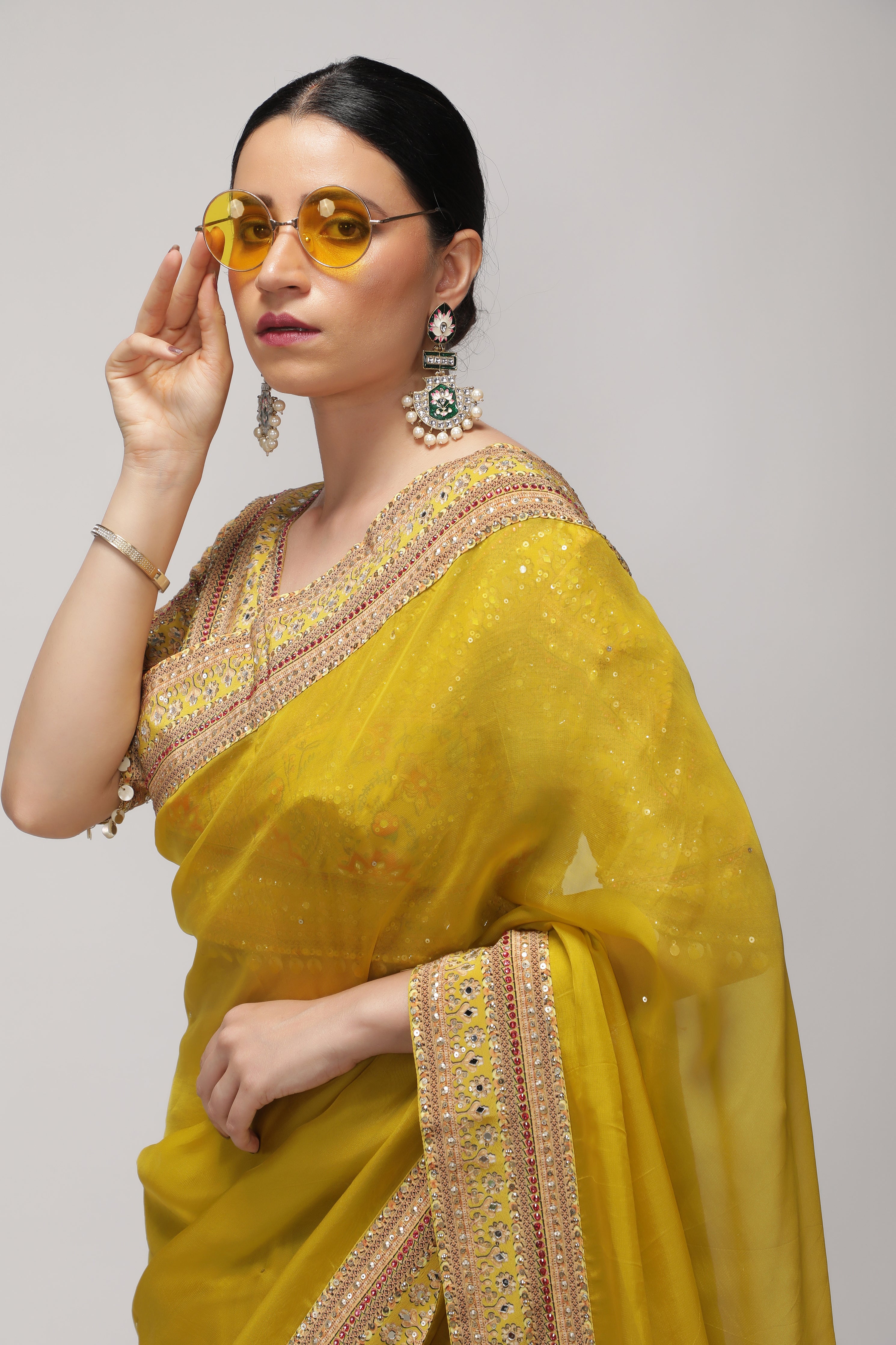 Yellow Silk Organza Saree with Sequin Highlights & Mirror Work Border