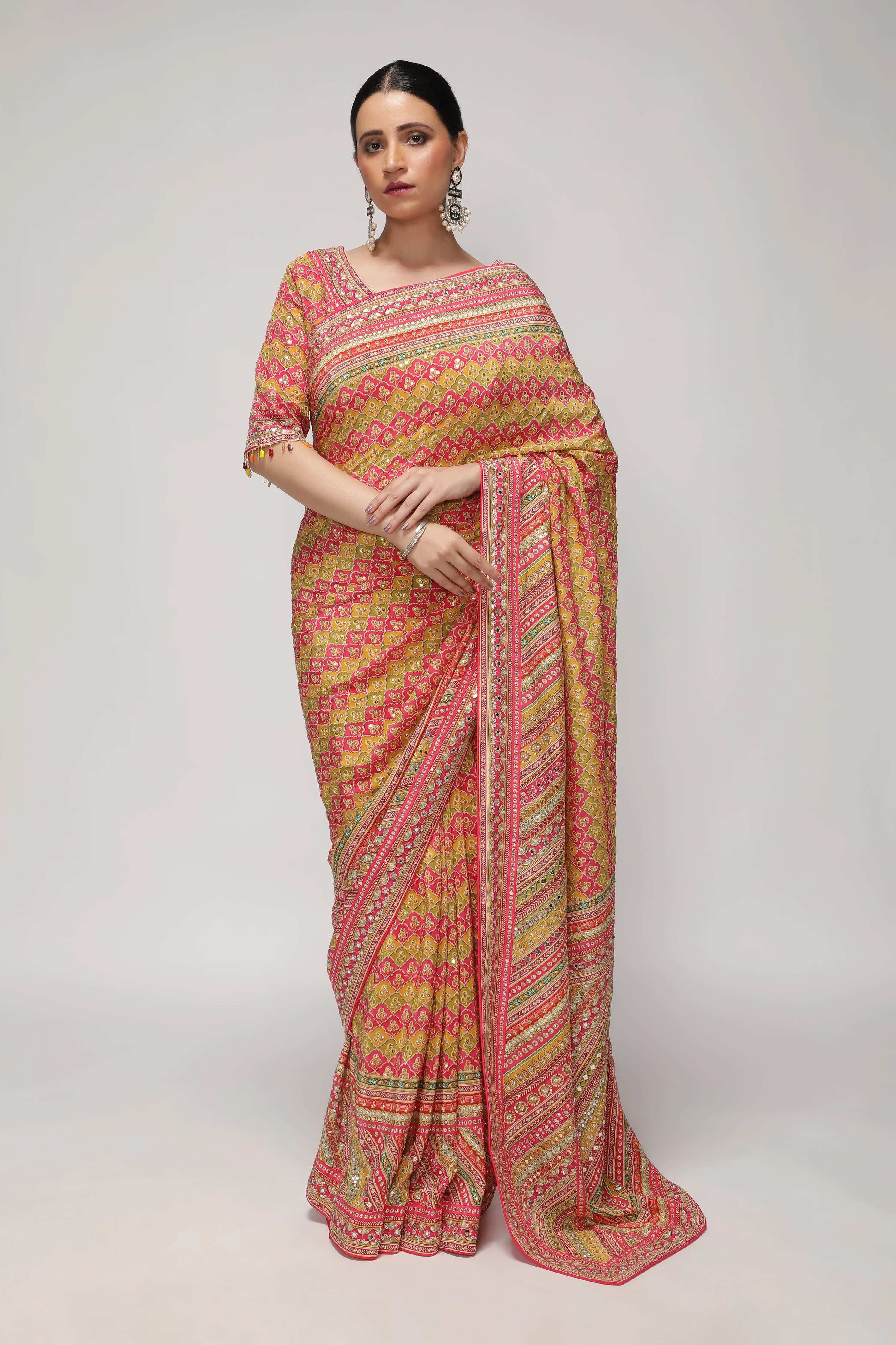 Multicolor Satin Silk Saree with All-Over Print & Sequin Embellishments | Mokshaa