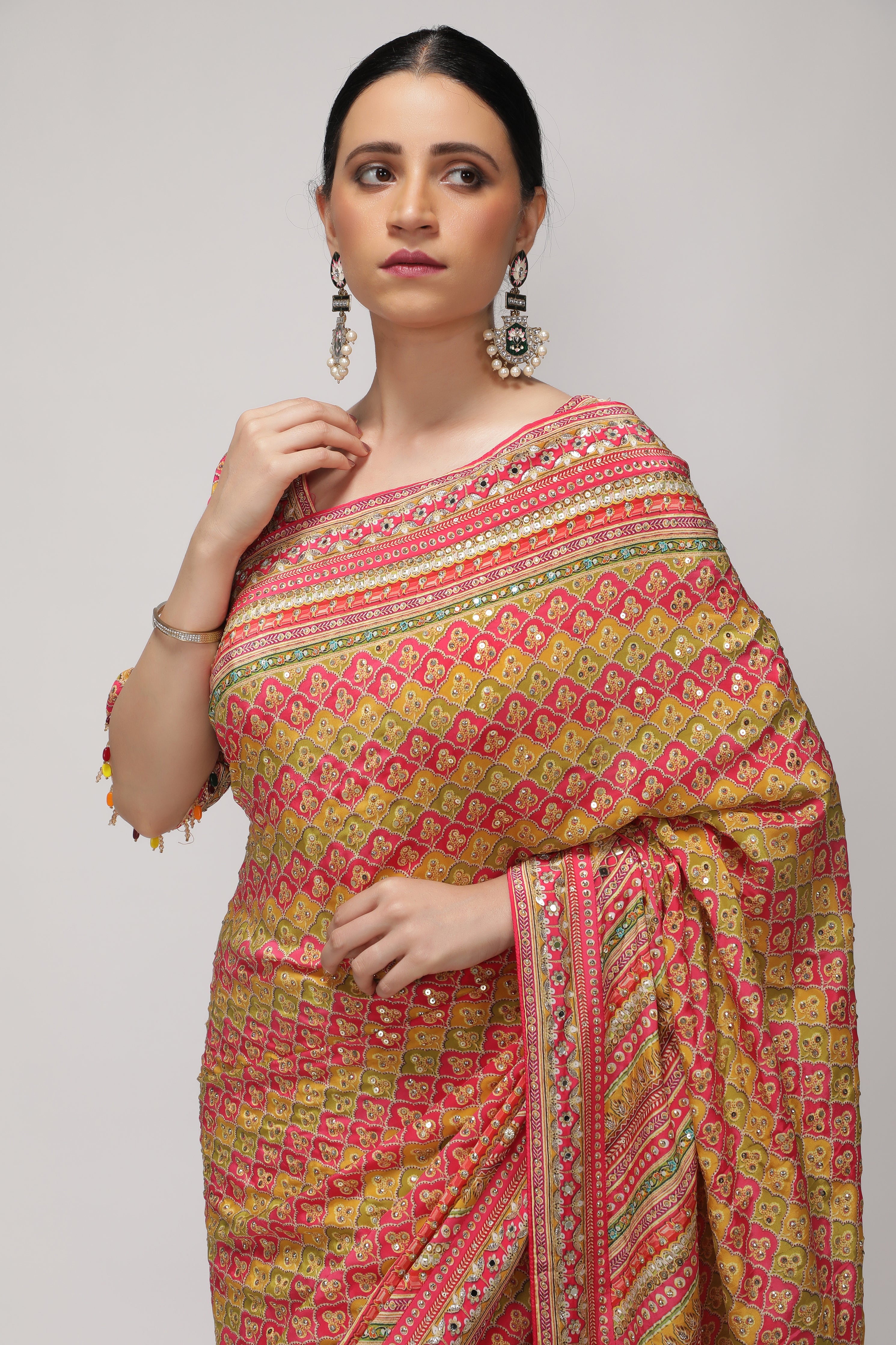 Multicolor Satin Silk Saree with All-Over Print & Sequin Embellishments