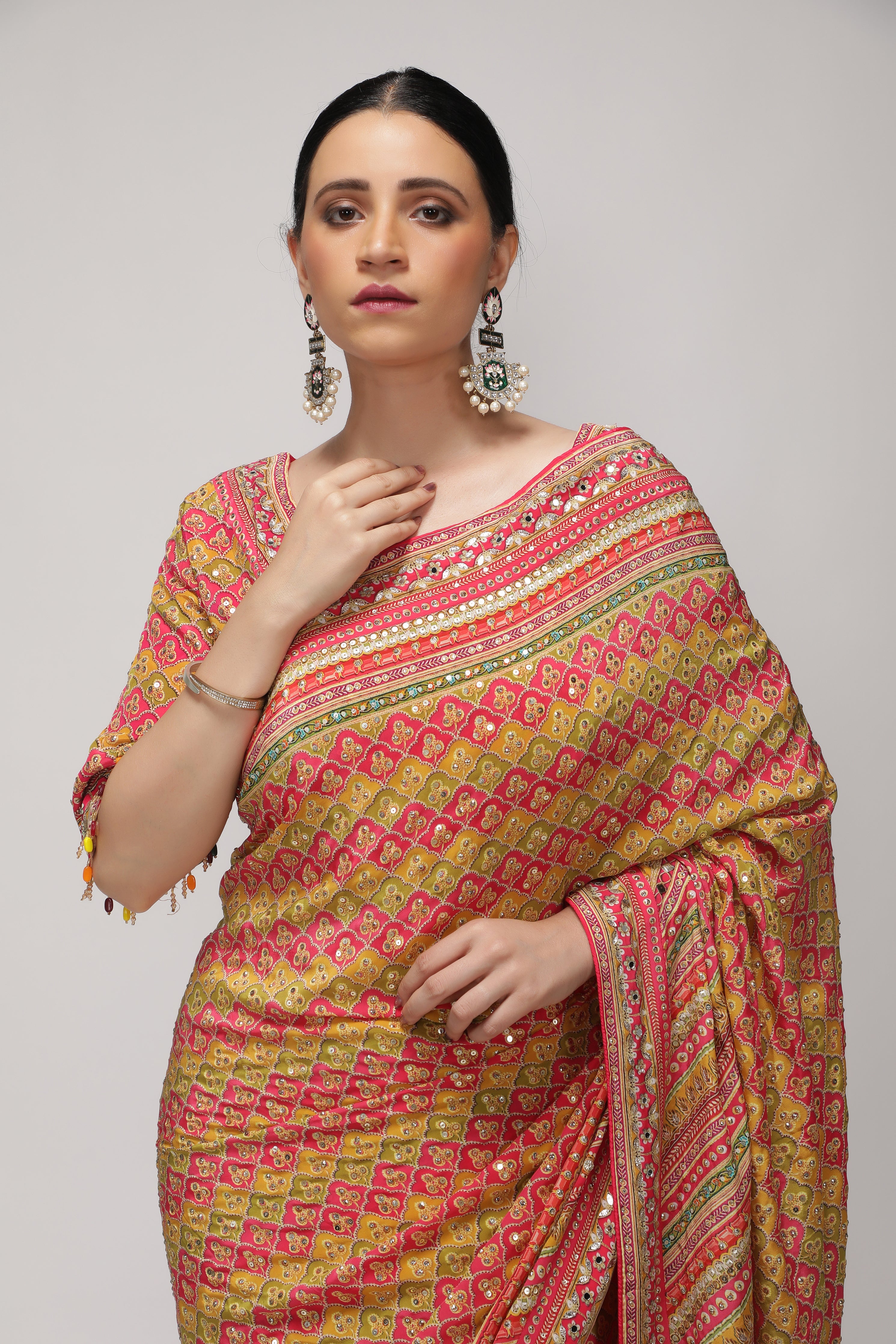 Multicolor Satin Silk Saree with All-Over Print & Sequin Embellishments