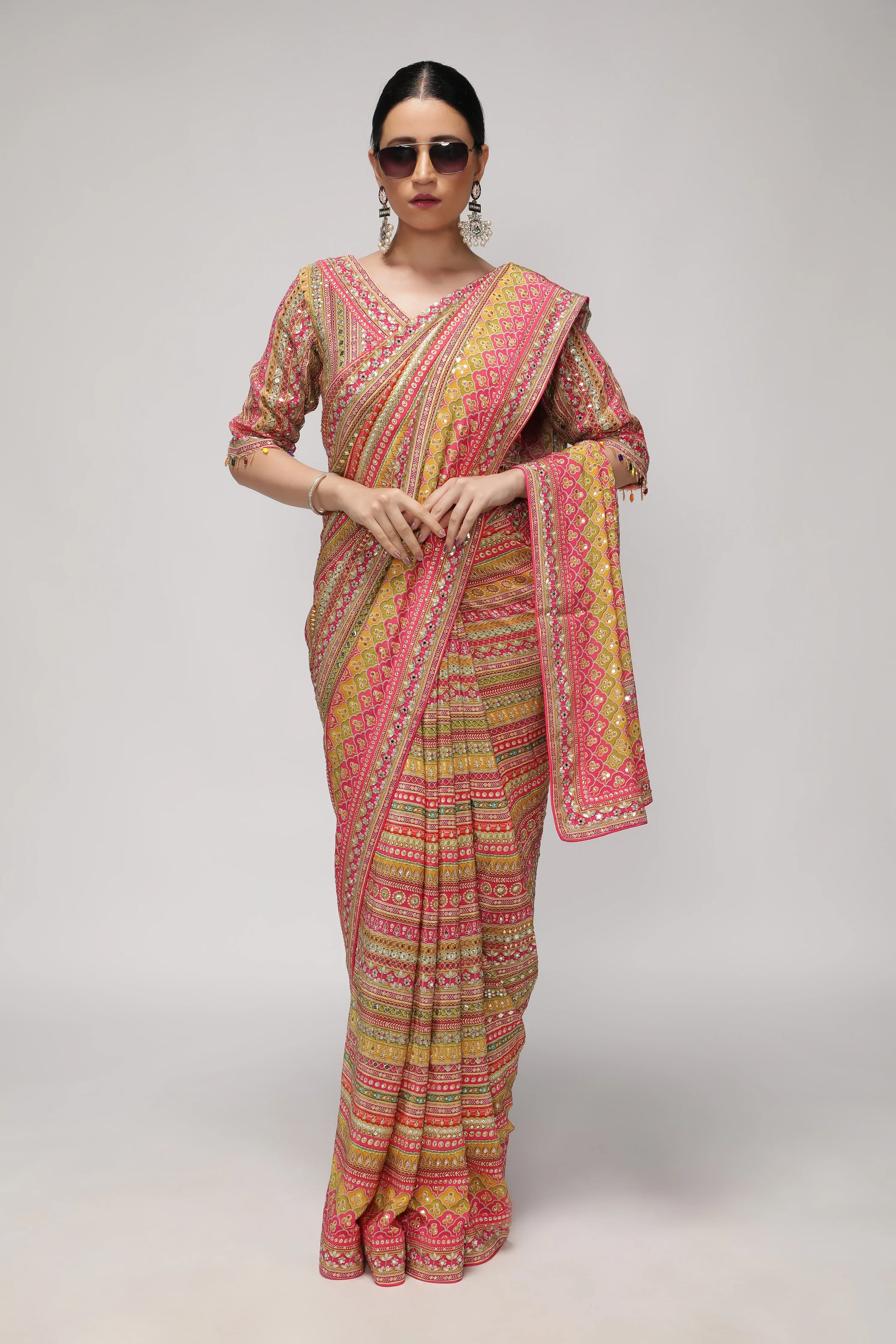 Multicolor Satin Silk Saree with All-Over Print, Sequin & Mirror Work | Mokshaa