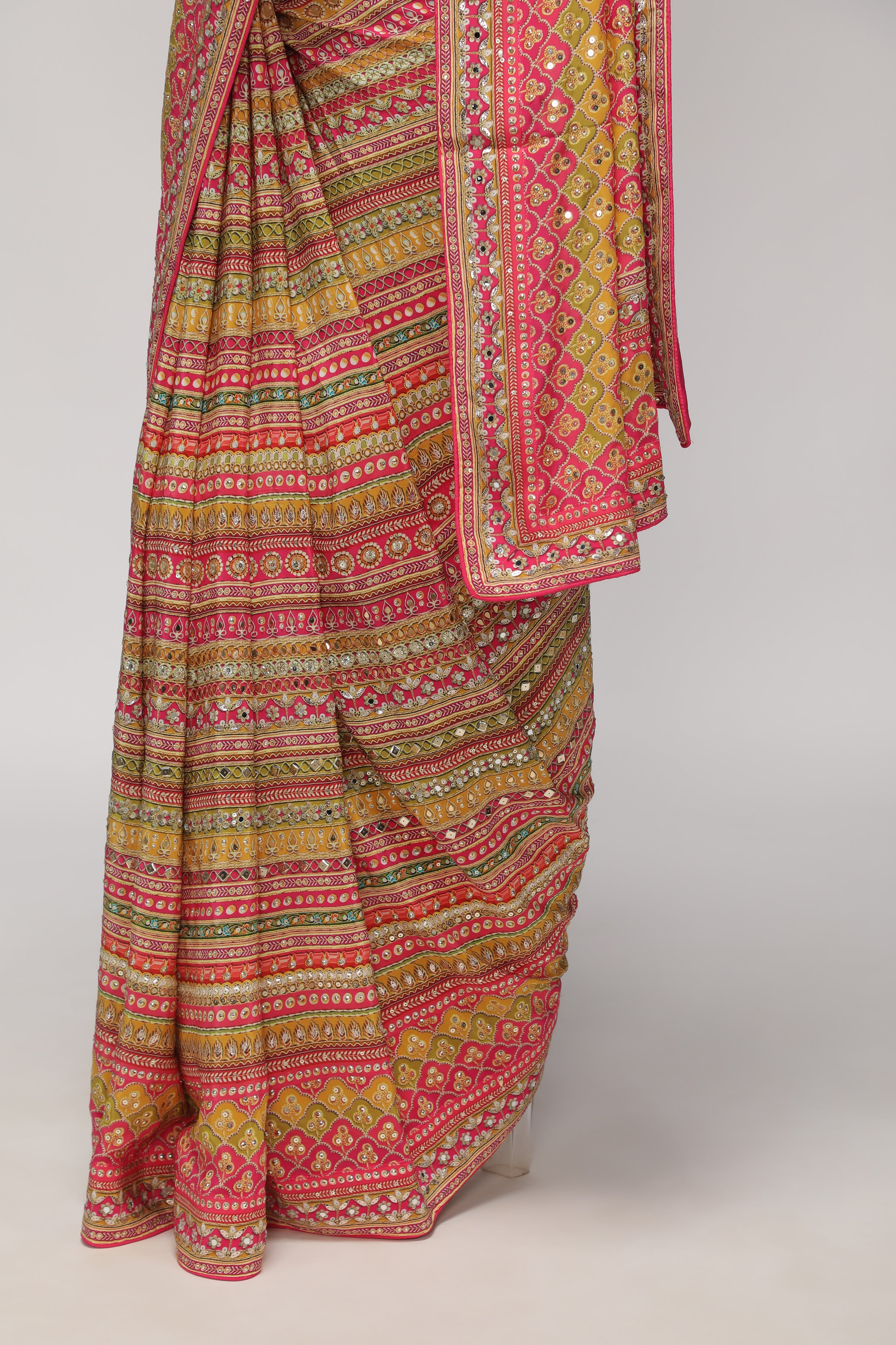 Multicolor Satin Silk Saree with All-Over Print, Sequin & Mirror Work