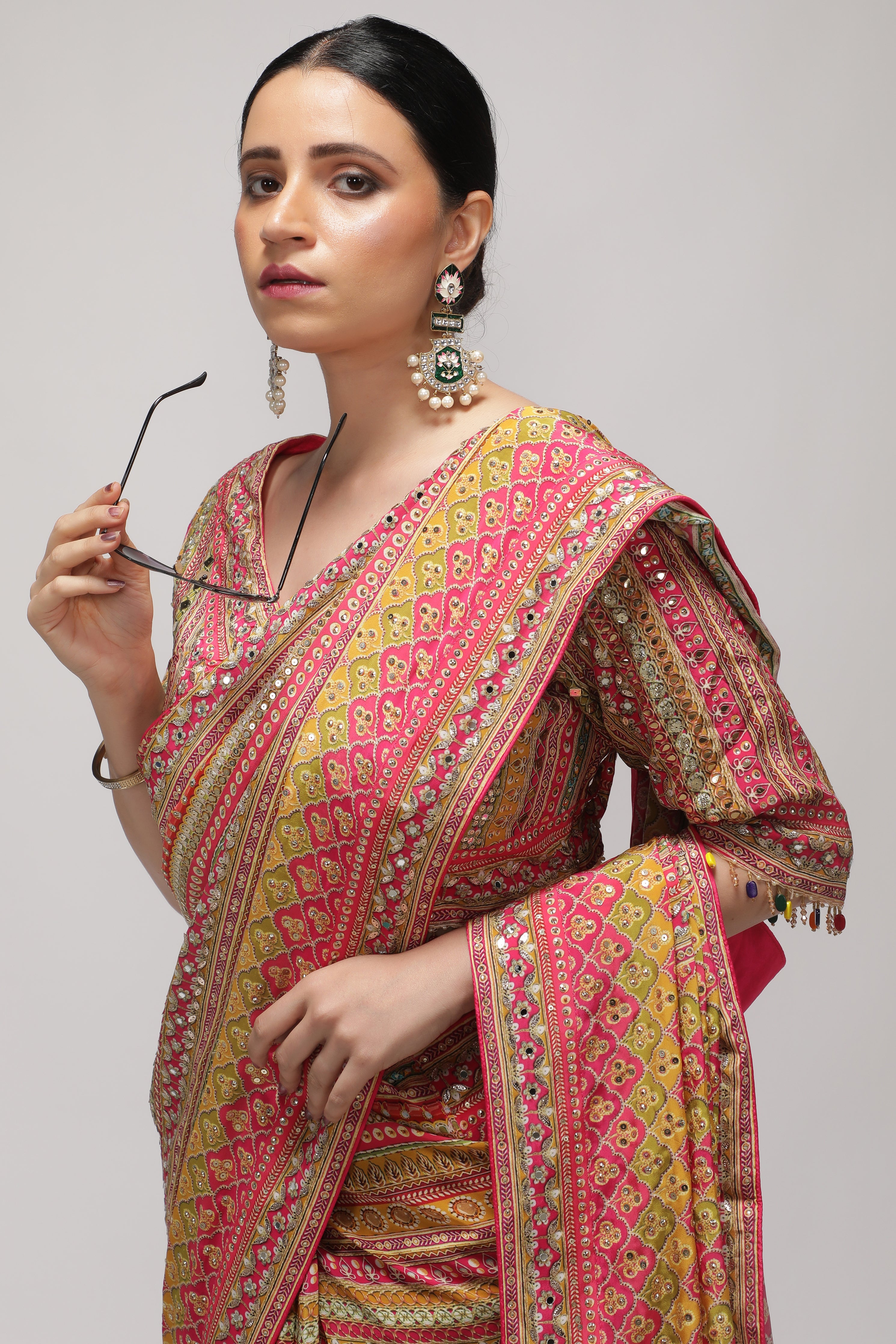 Multicolor Satin Silk Saree with All-Over Print, Sequin & Mirror Work
