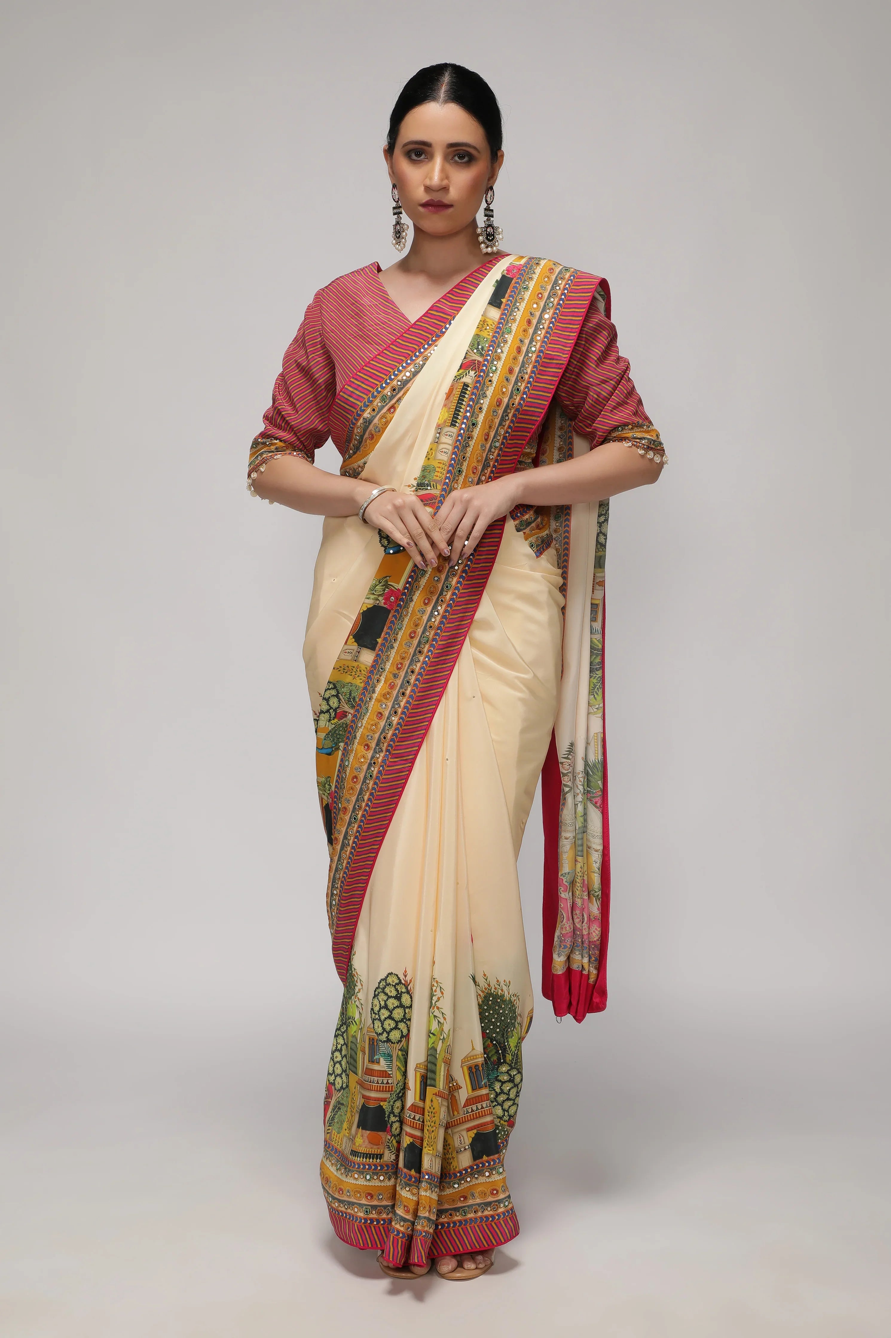 Cream Satin Silk Saree with Multicolor Printed Border | Mokshaa