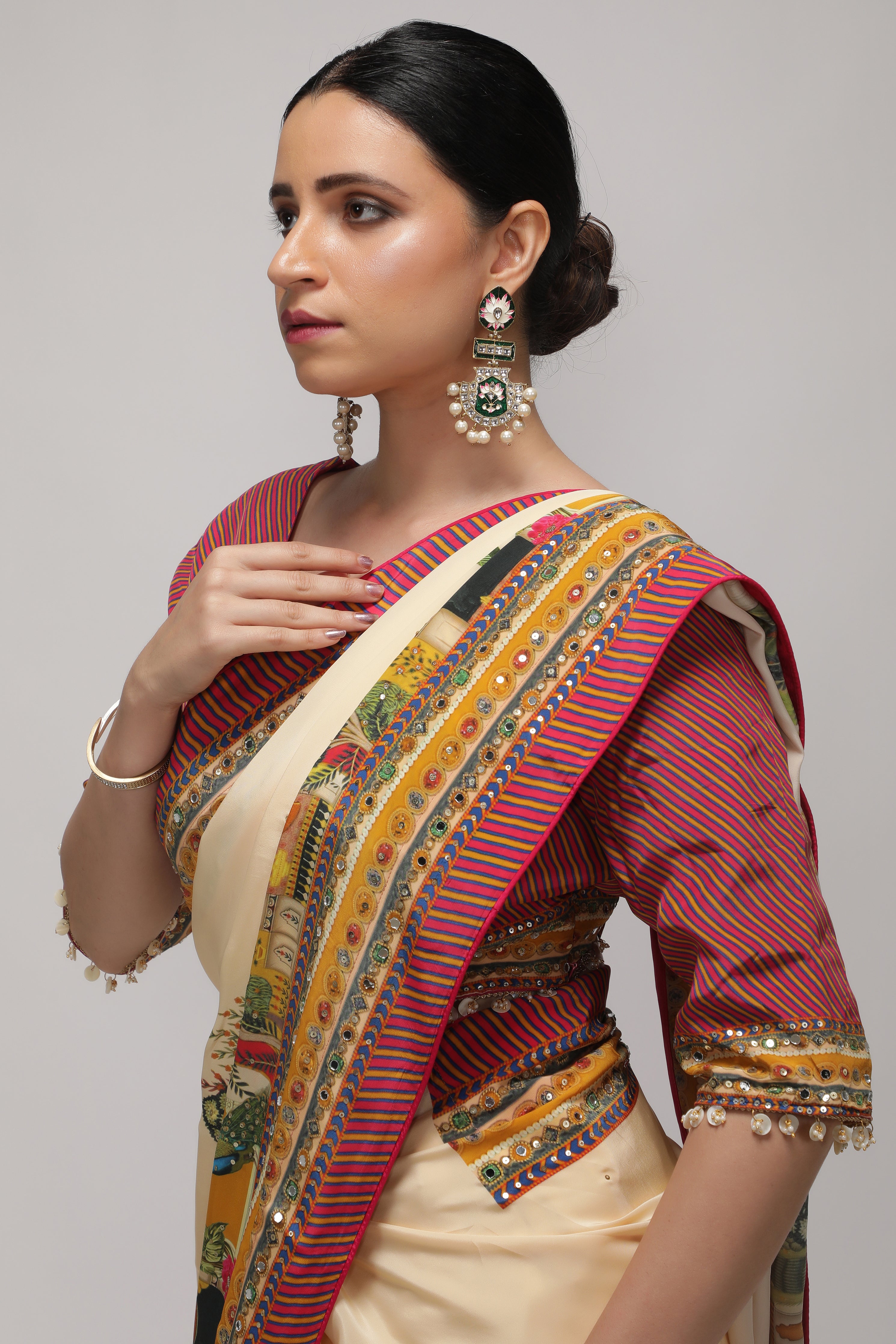 Cream Satin Silk Saree with Multicolor Printed Border