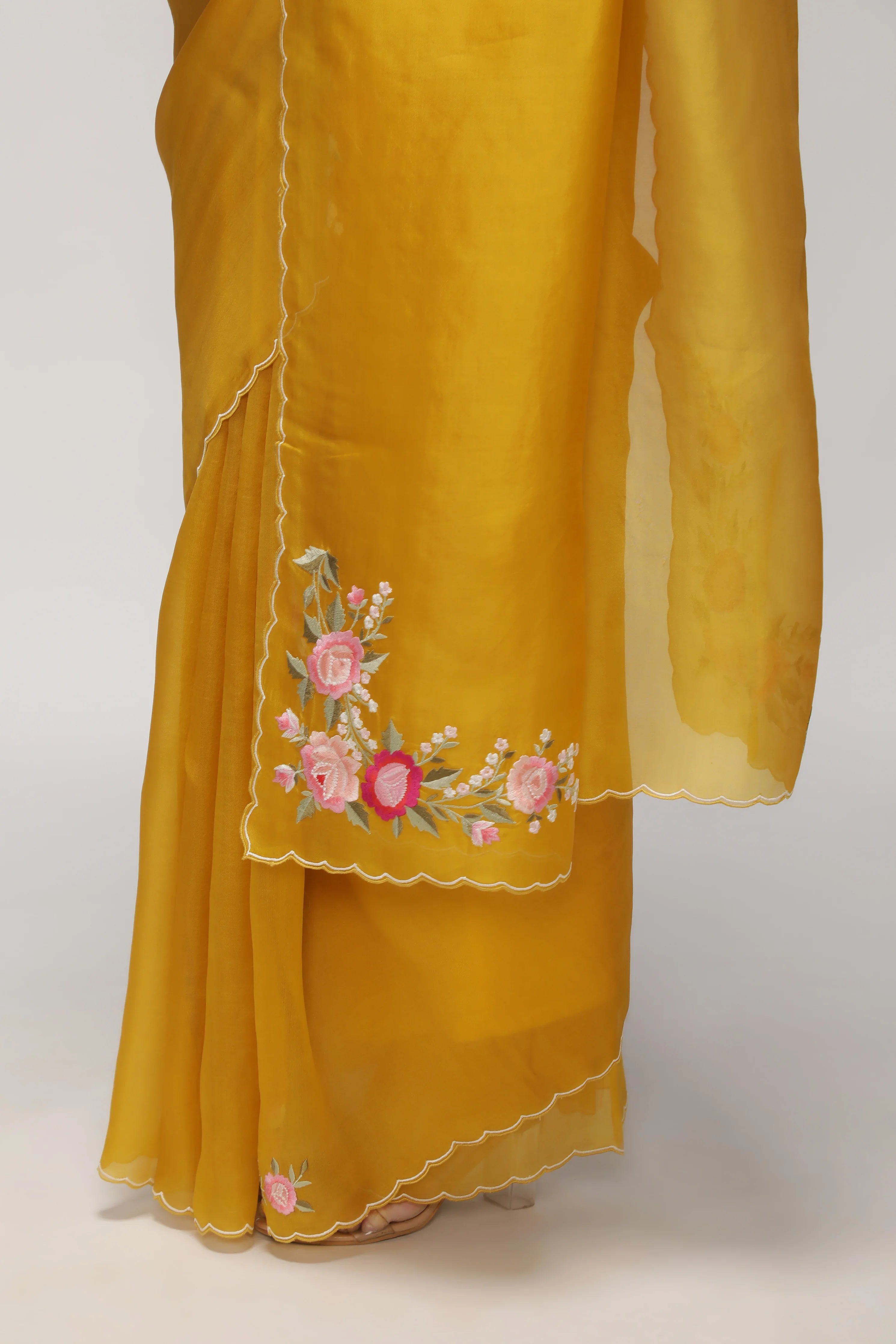 Mustard Yellow Organza Saree with Multi-Floral Embroidery Motifs - Mokshaa