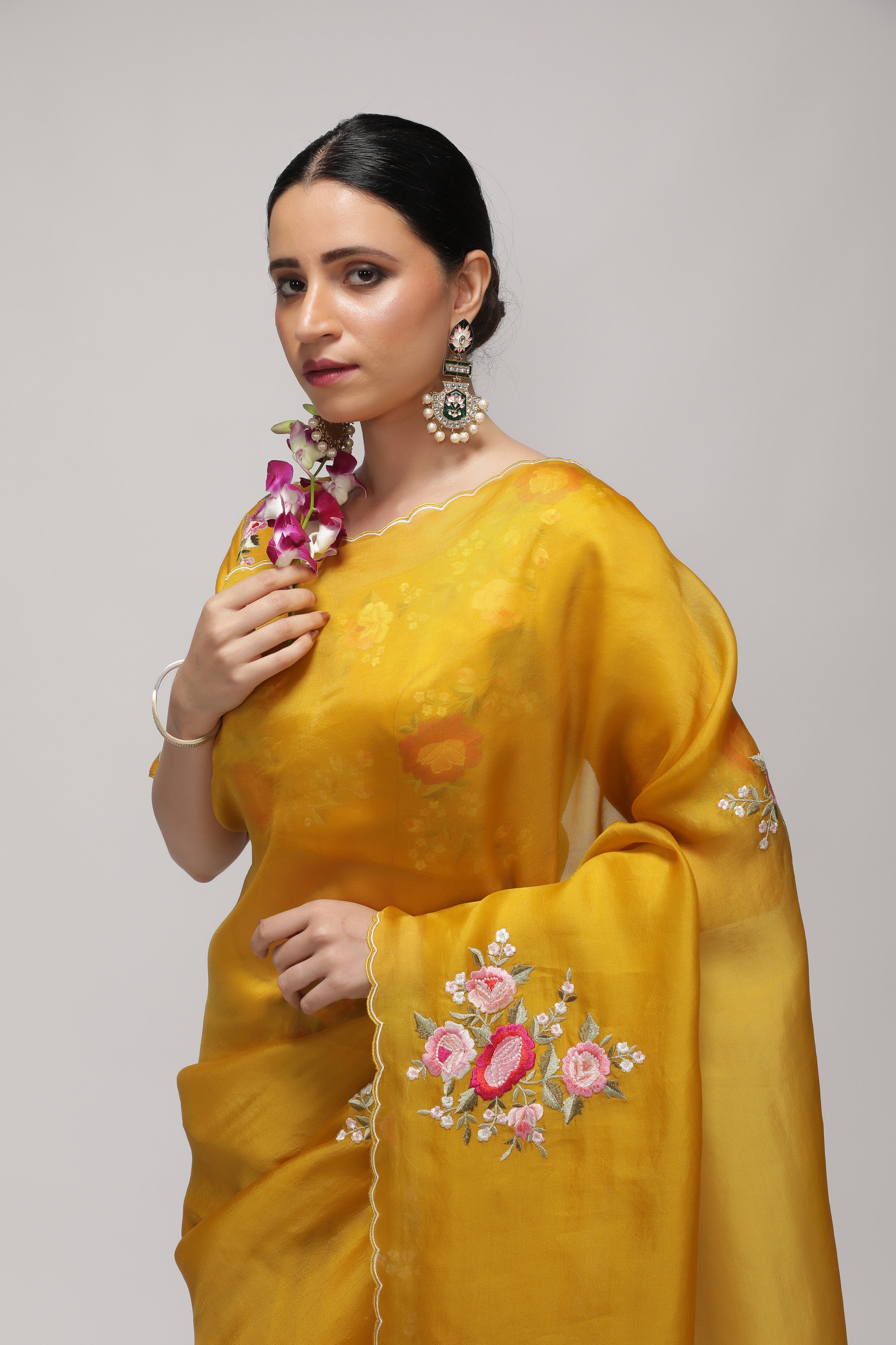 Mustard Yellow Organza Saree with Multi-Floral Embroidery Motifs