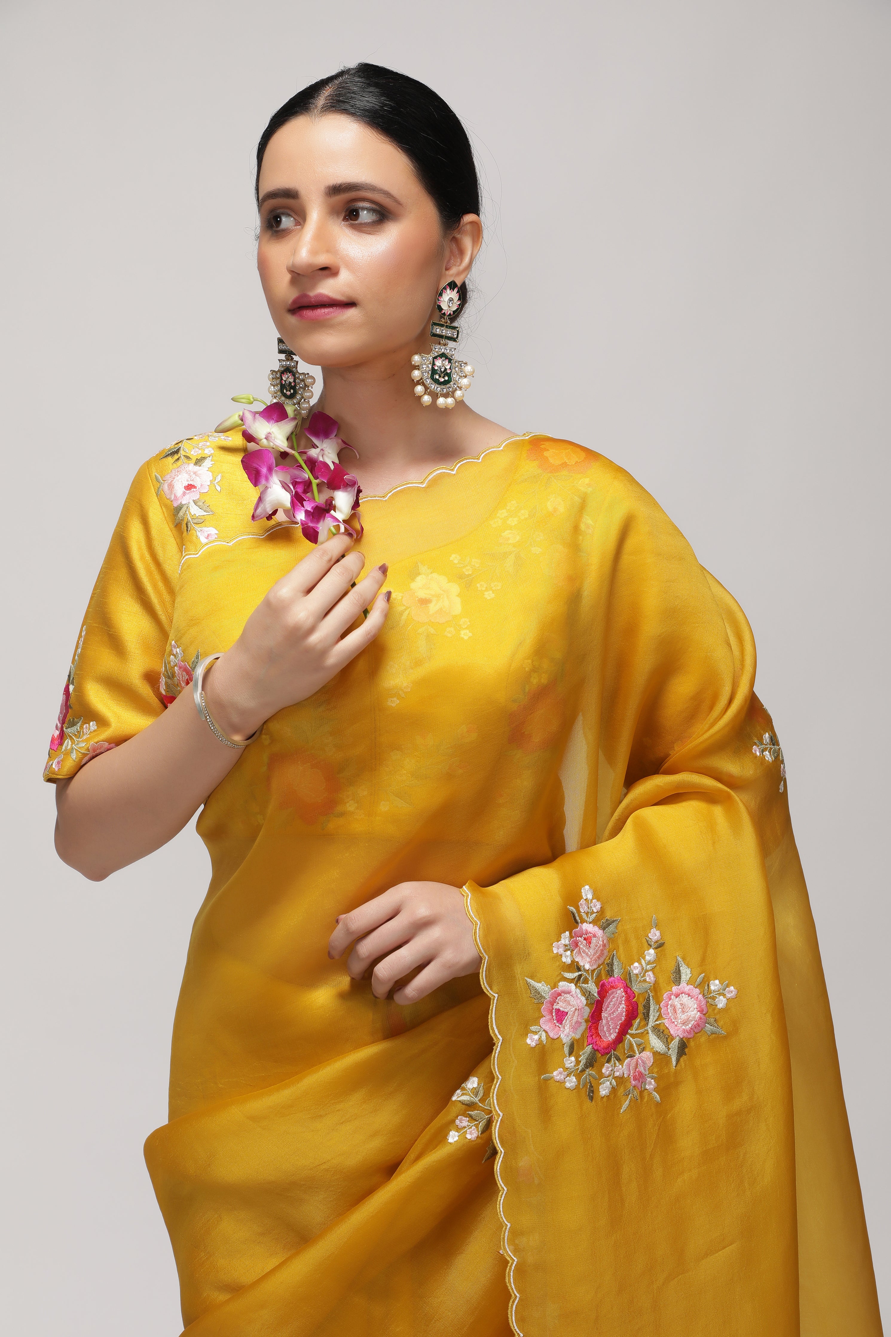 Mustard Yellow Organza Saree with Multi-Floral Embroidery Motifs
