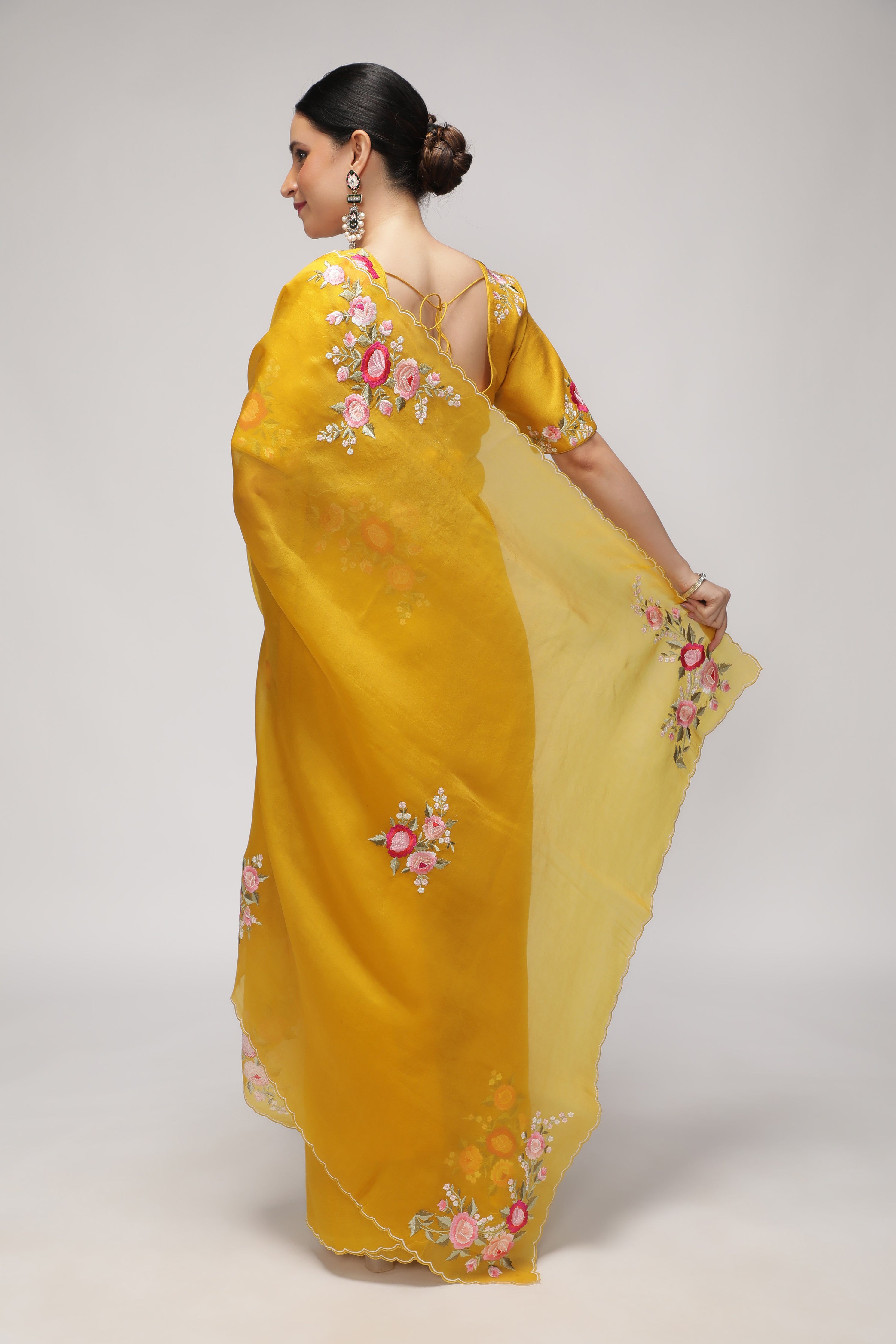 Mustard Yellow Organza Saree with Multi-Floral Embroidery Motifs