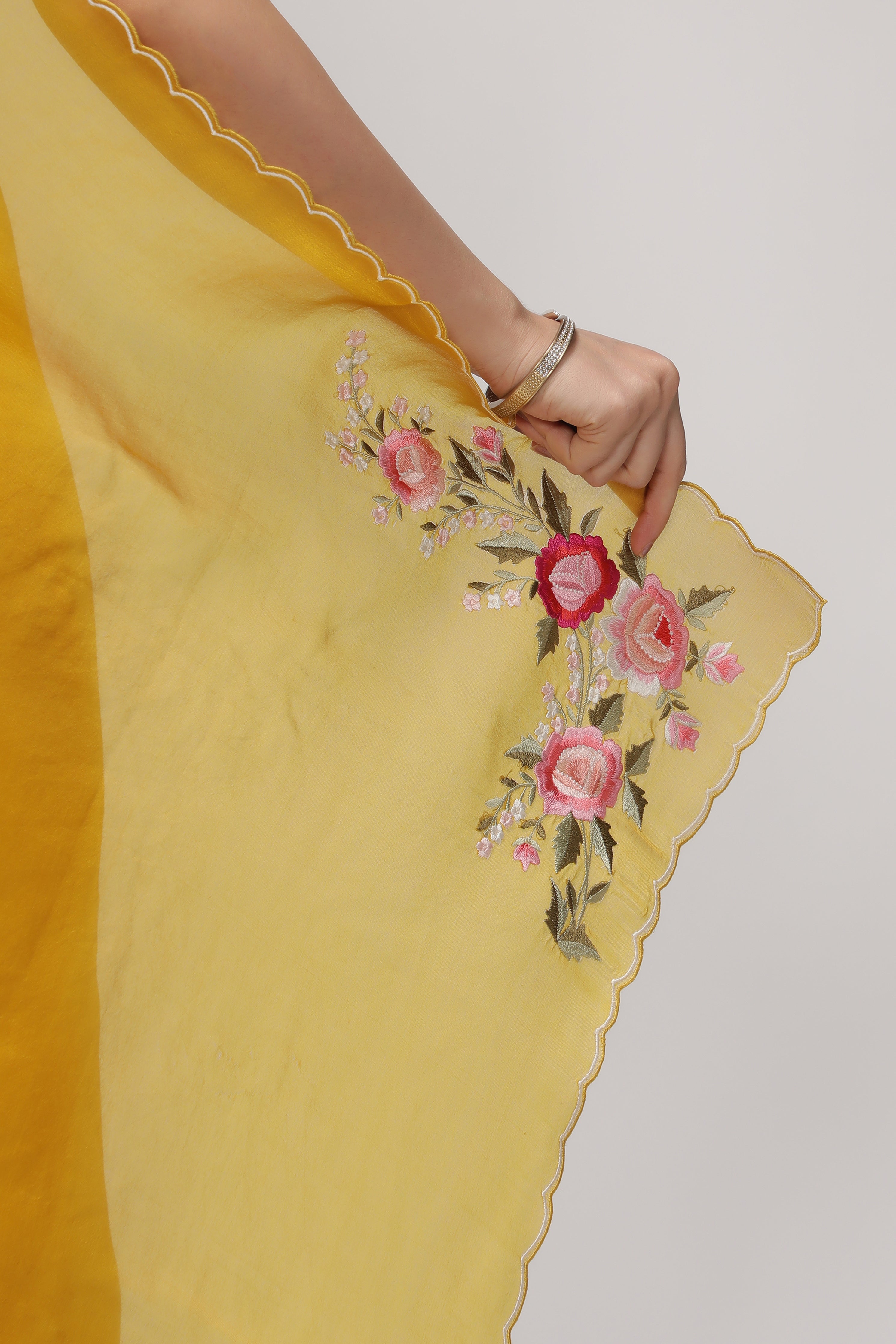Mustard Yellow Organza Saree with Multi-Floral Embroidery Motifs