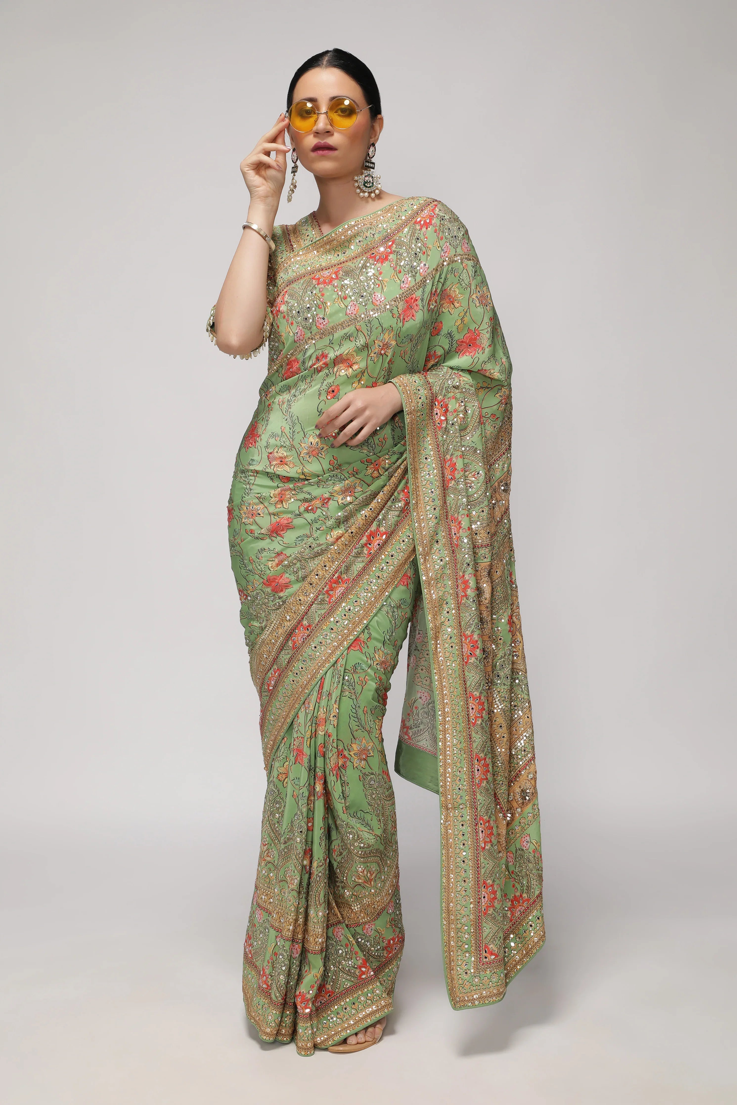 Green Satin Silk Saree with All-Over Print, Sequin & Mirror Work | Mokshaa