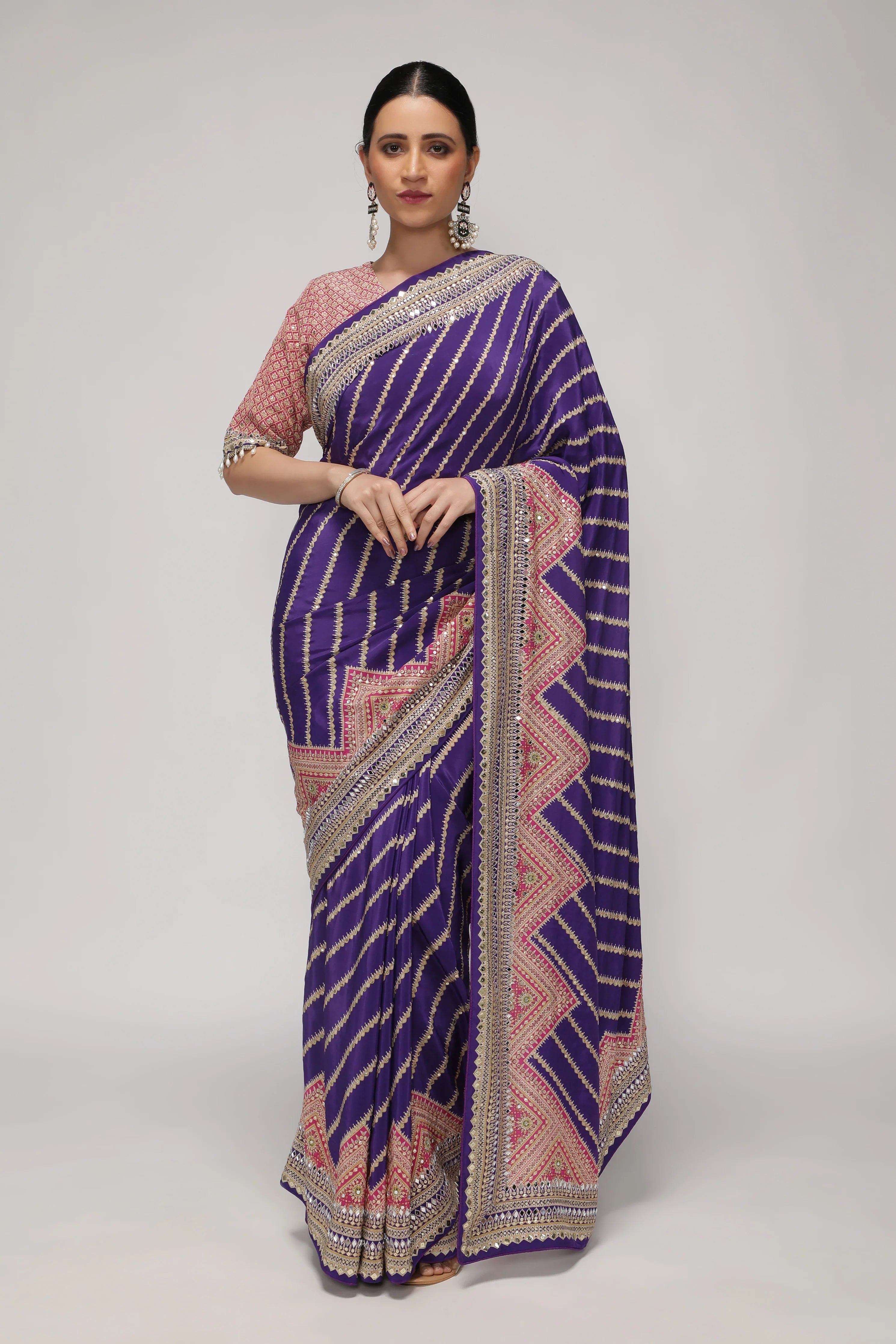 Purple Satin Silk Leheriya Print Saree with Mirror & Sequin Embroidery | Mokshaa