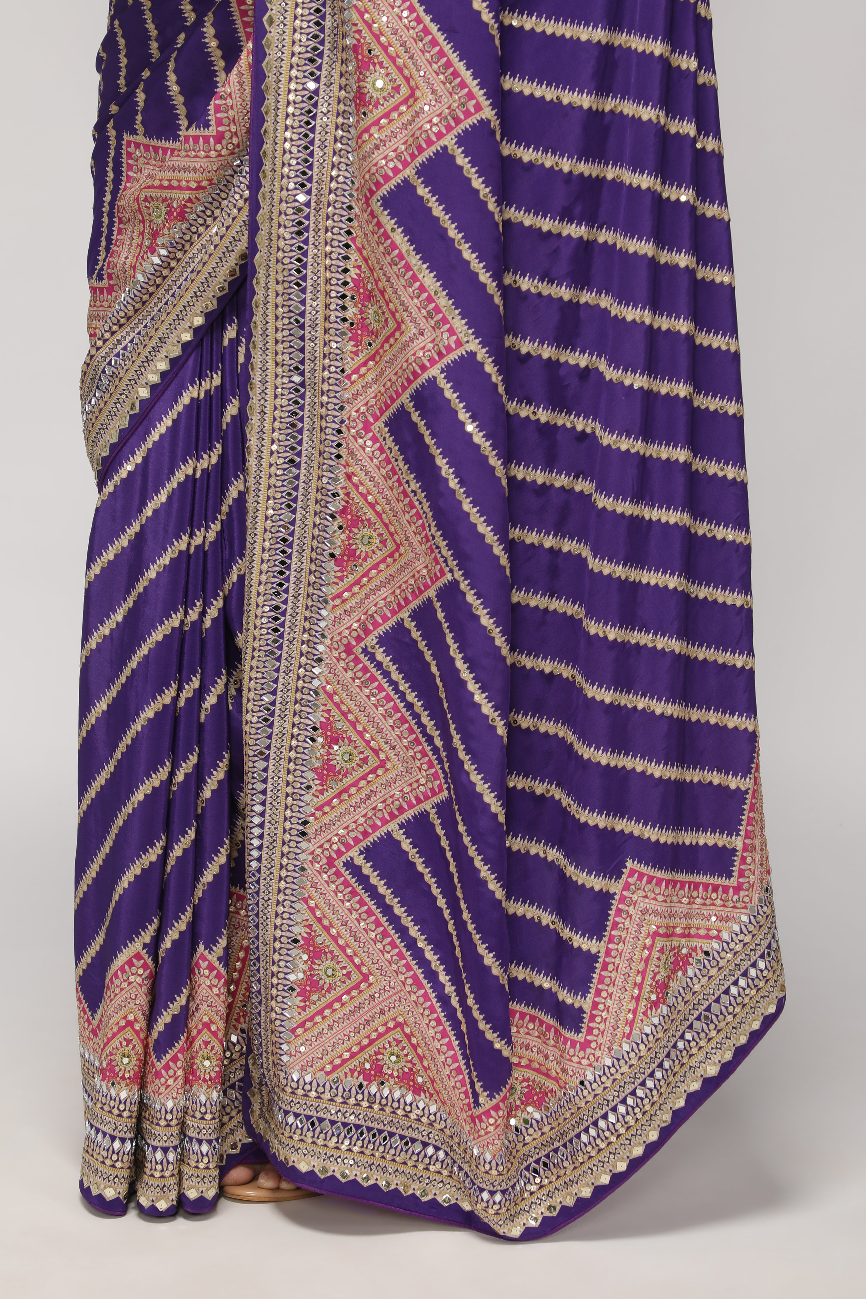 Purple Satin Silk Leheriya Print Saree with Mirror & Sequin Embroidery