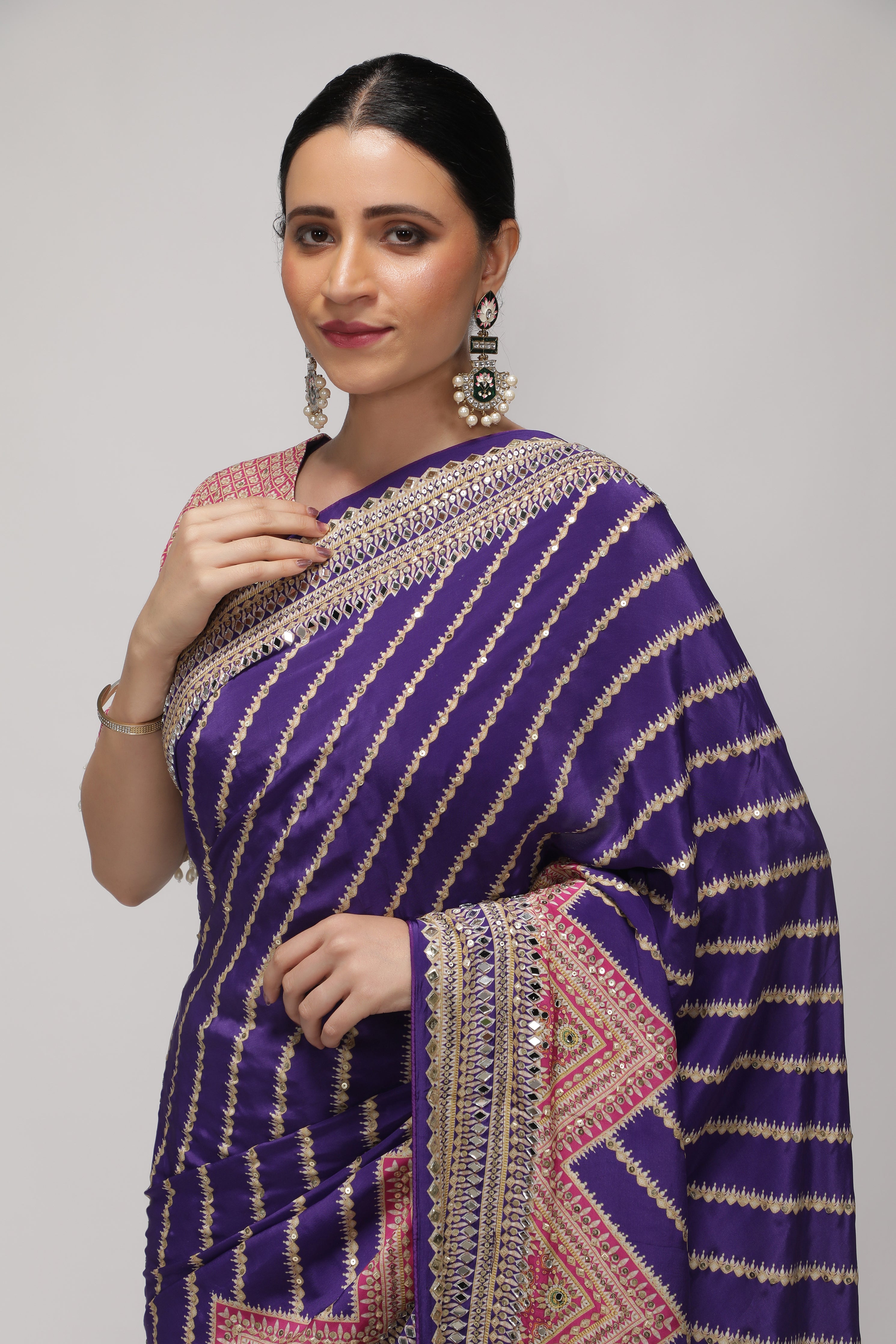 Purple Satin Silk Leheriya Print Saree with Mirror & Sequin Embroidery