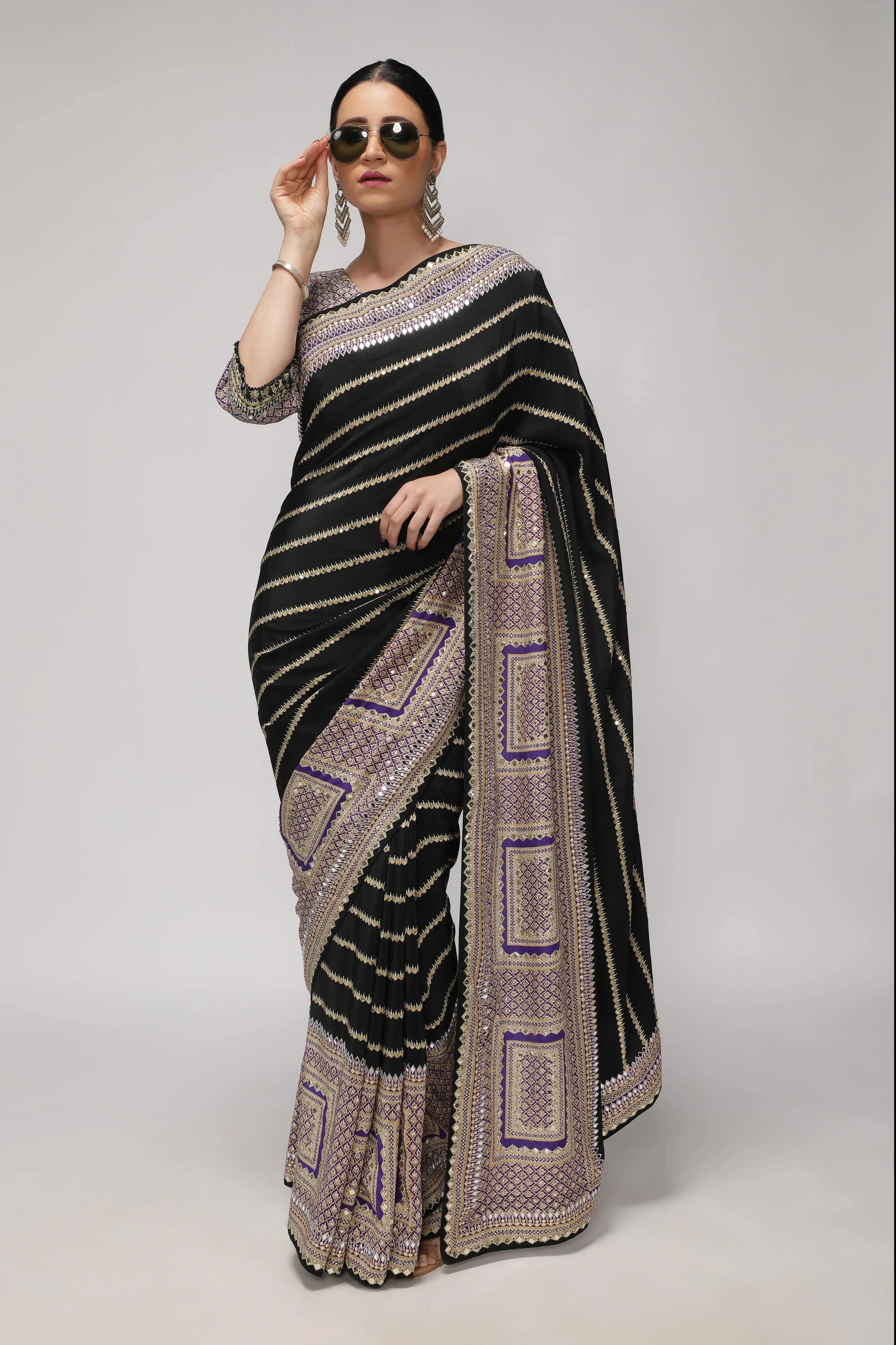 Black Satin Silk Saree with Striped Print, Mirror & Sequin Embroidery | Mokshaa