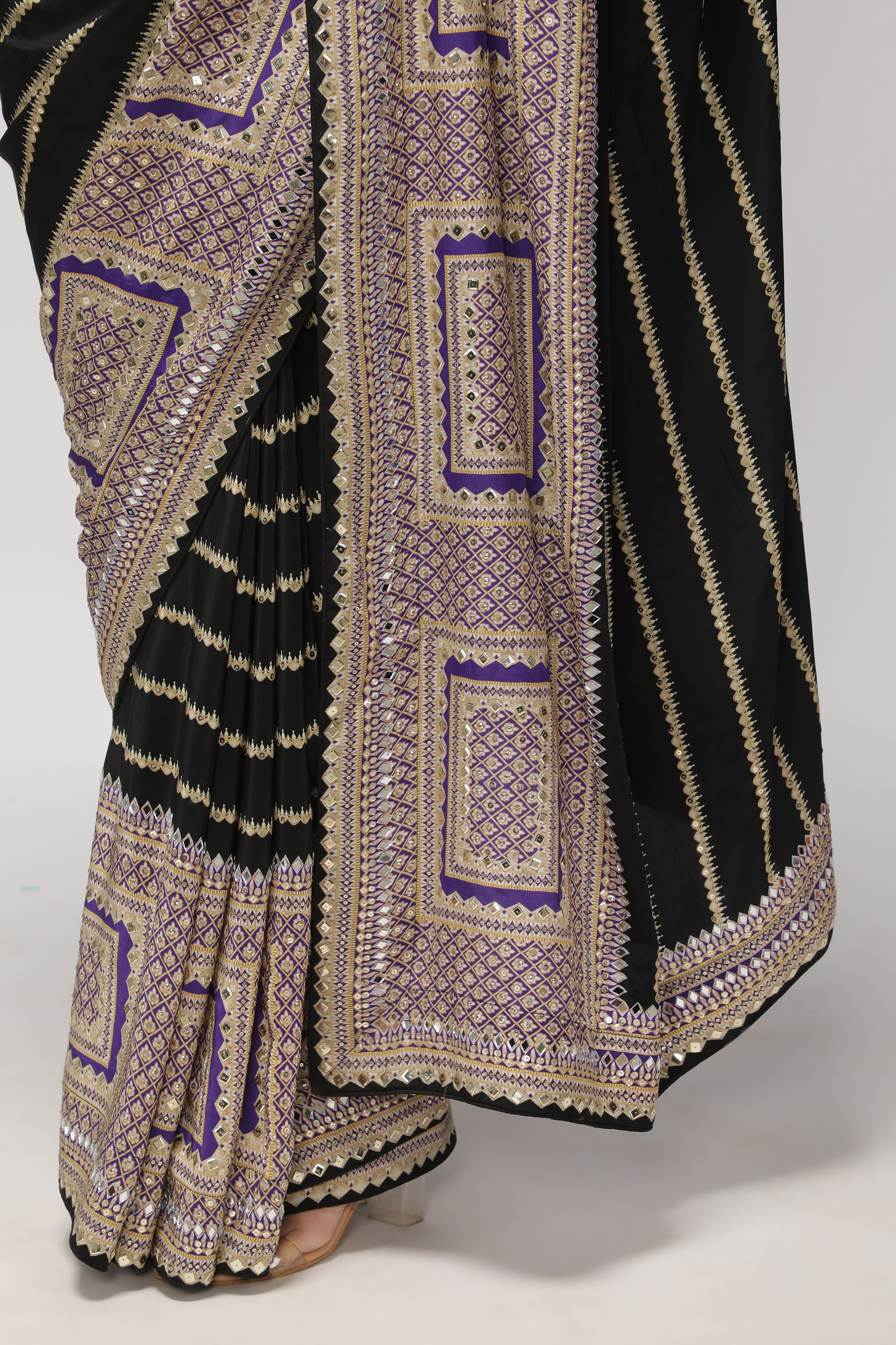 Black Satin Silk Saree with Striped Print, Mirror & Sequin Embroidery